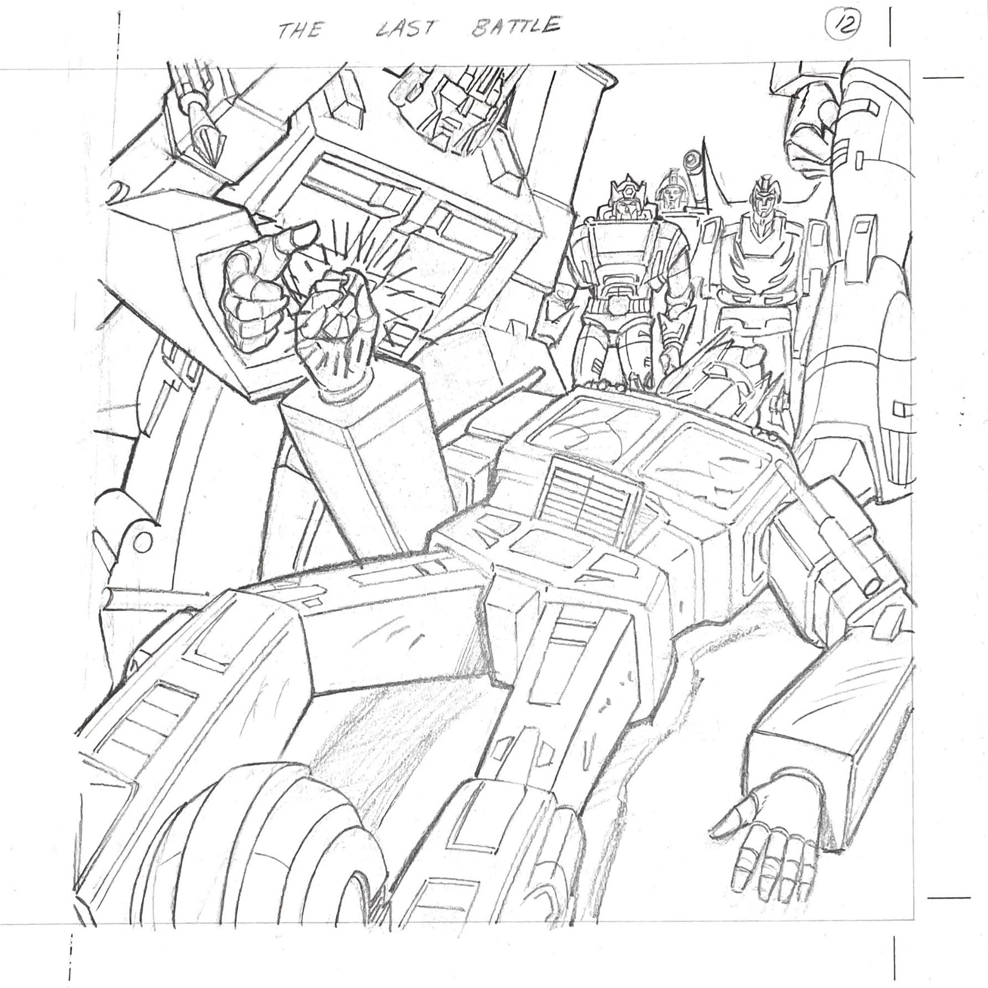 Penciled illustration of Generation 1 Transformers characters. Prime is lying on the ground and handing a small glowing polyhedron to Ultra Magnus. Springer, Hot Rod, Perceptor, and and Kup are visible as well.