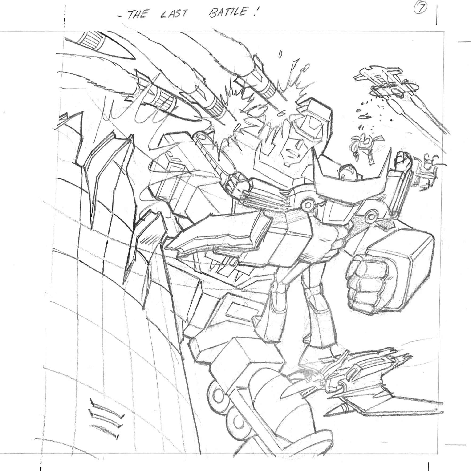 Penciled illustration of Generation 1 Transformers characters. Devastator is in combat with the arriving Dinobots, holding Hot Rod in midair with one hand.