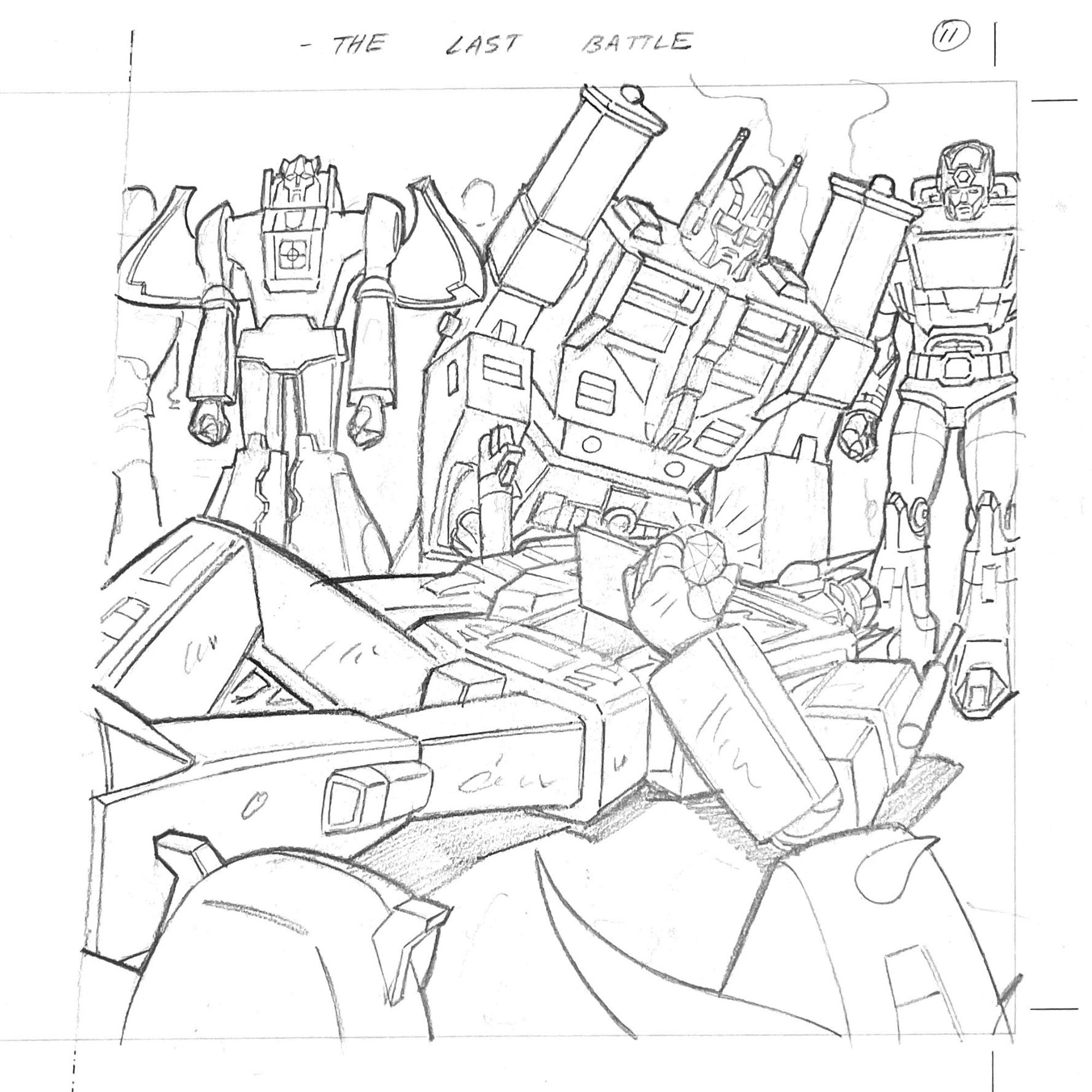 Penciled illustration of Generation 1 Transformers characters. Prime is lying on the ground, injured. His abdomen is open and he's holding a small glowing polyhedron. Ultra Magnus, Kup, and Sludge are in the background.