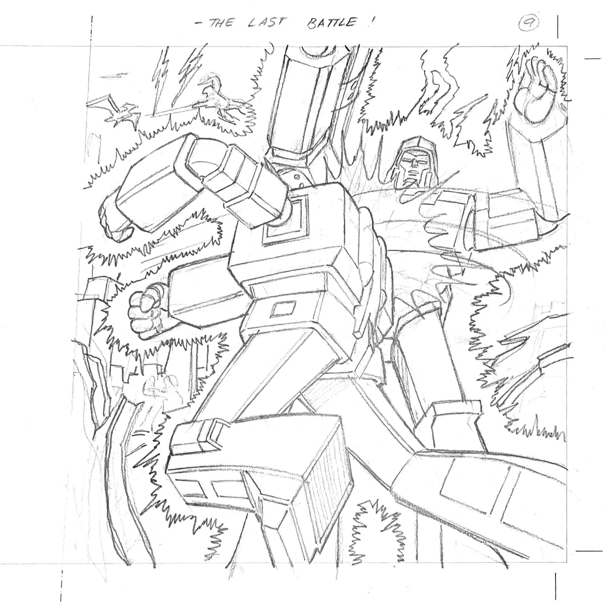 Penciled illustration of Generation 1 Transformers characters. Prime is punching Megatron in the chest with a haymaker. They are both surrounded by electric energy effects.