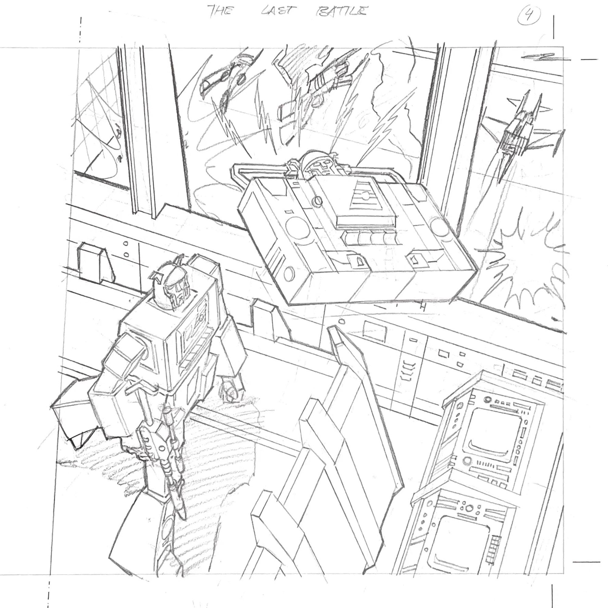 Pencilled illustration of Generation 1 Transformers characters. Blaster is a control room, transforming, while battling robots fly around in the background.