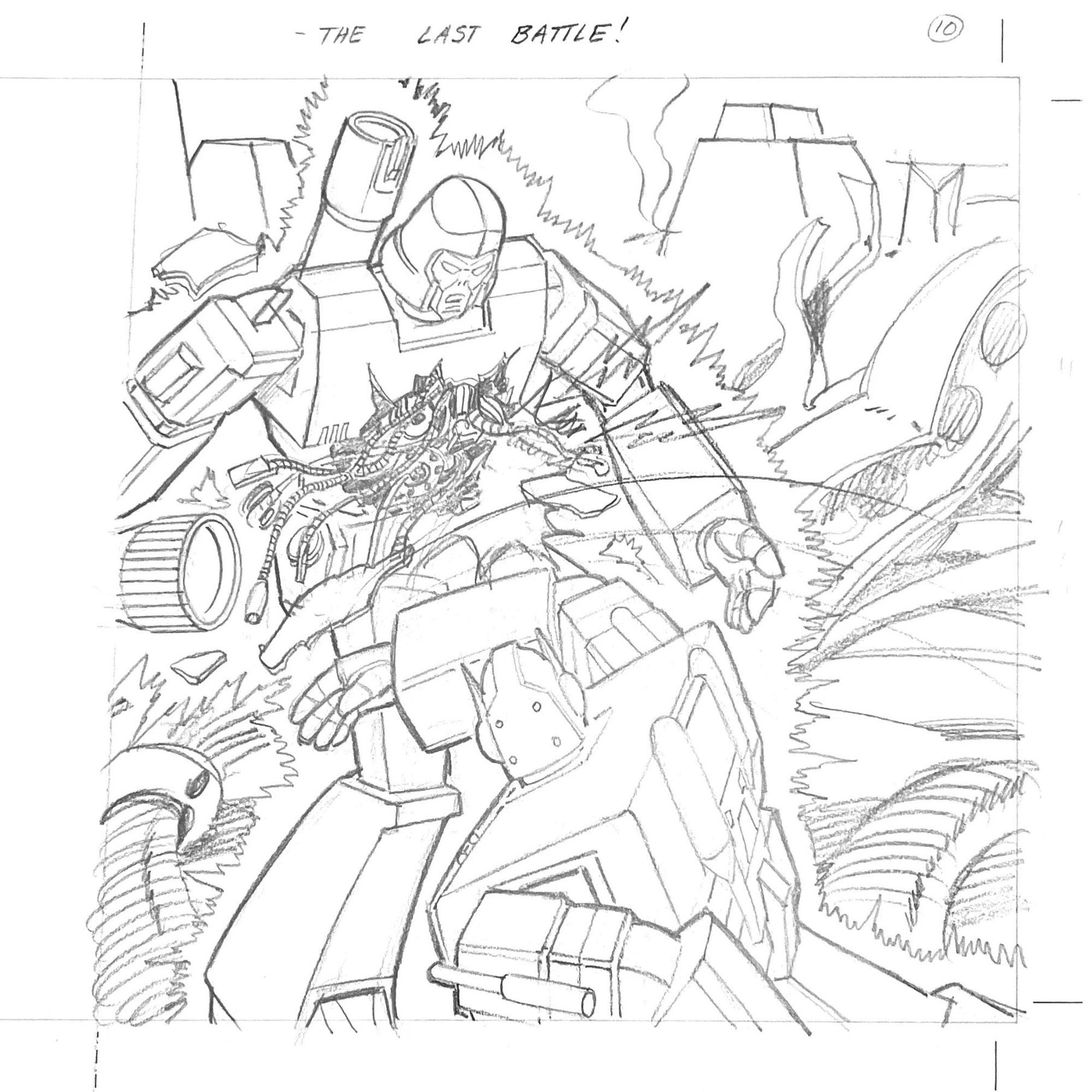 Penciled illustration of Generation 1 Transformers characters. Prime seems to have torn Megatron's chest open with some scrap metal.