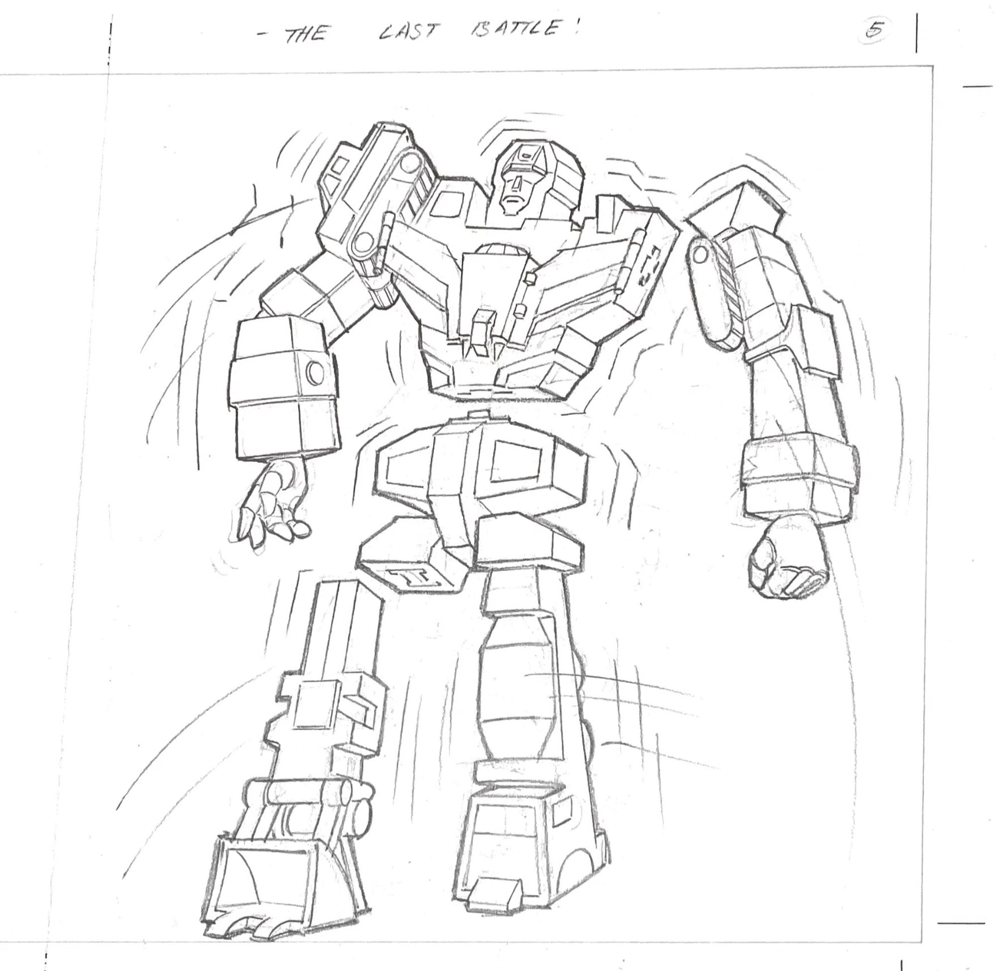 Penciled illustration of Generation 1 Transformers characters. The Constructicons are combining to form Devastator.