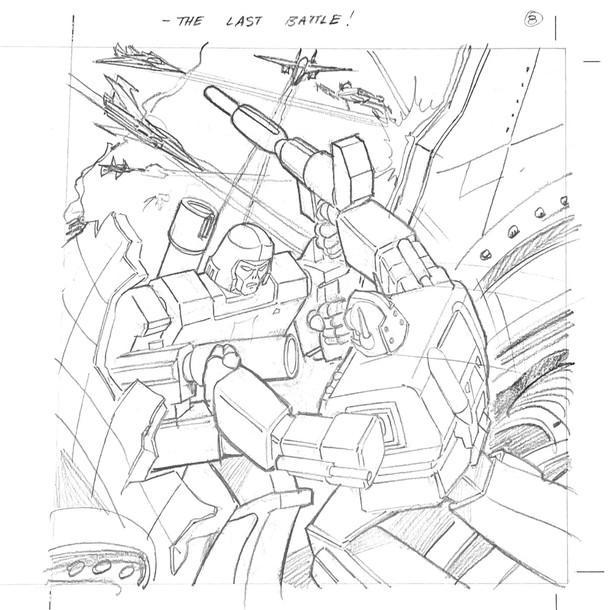 Penciled illustration of Generation 1 Transformers characters. Prime and Megatron are grappling with jets flying around in the distance.