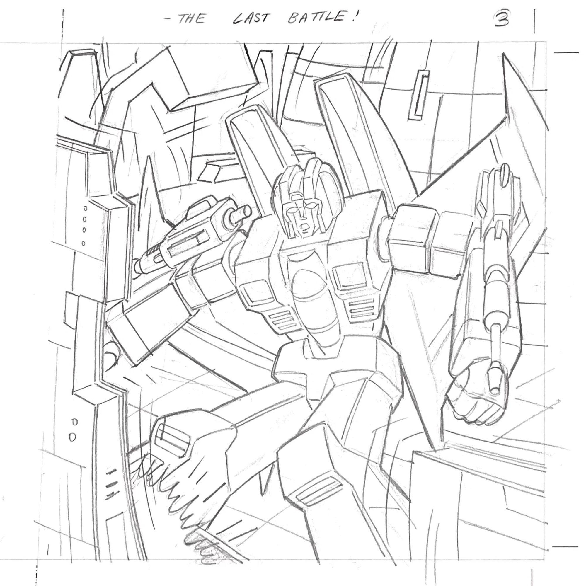 Pencilled illustration of Generation 1 Transformers characters. Starscream's leg is caught in shifting metal panels.