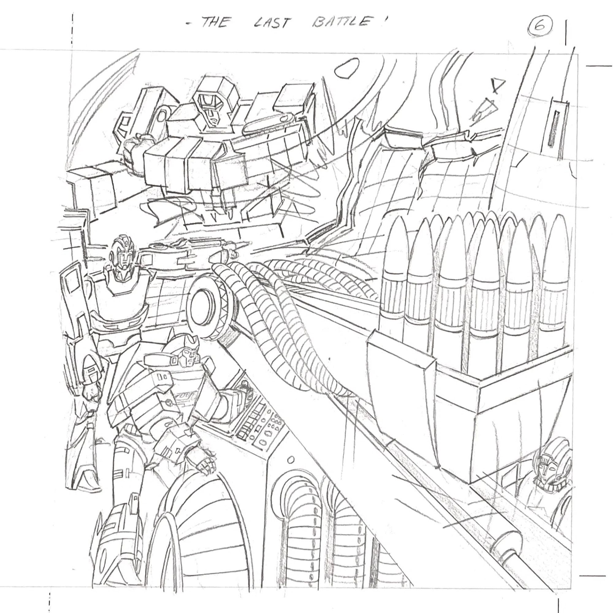 Penciled illustration of Generation 1 Transformers characters. Hot Rod, Springer, and Arcee are loading a missile launcher. In the background, Devastator is bursting in through a wall.