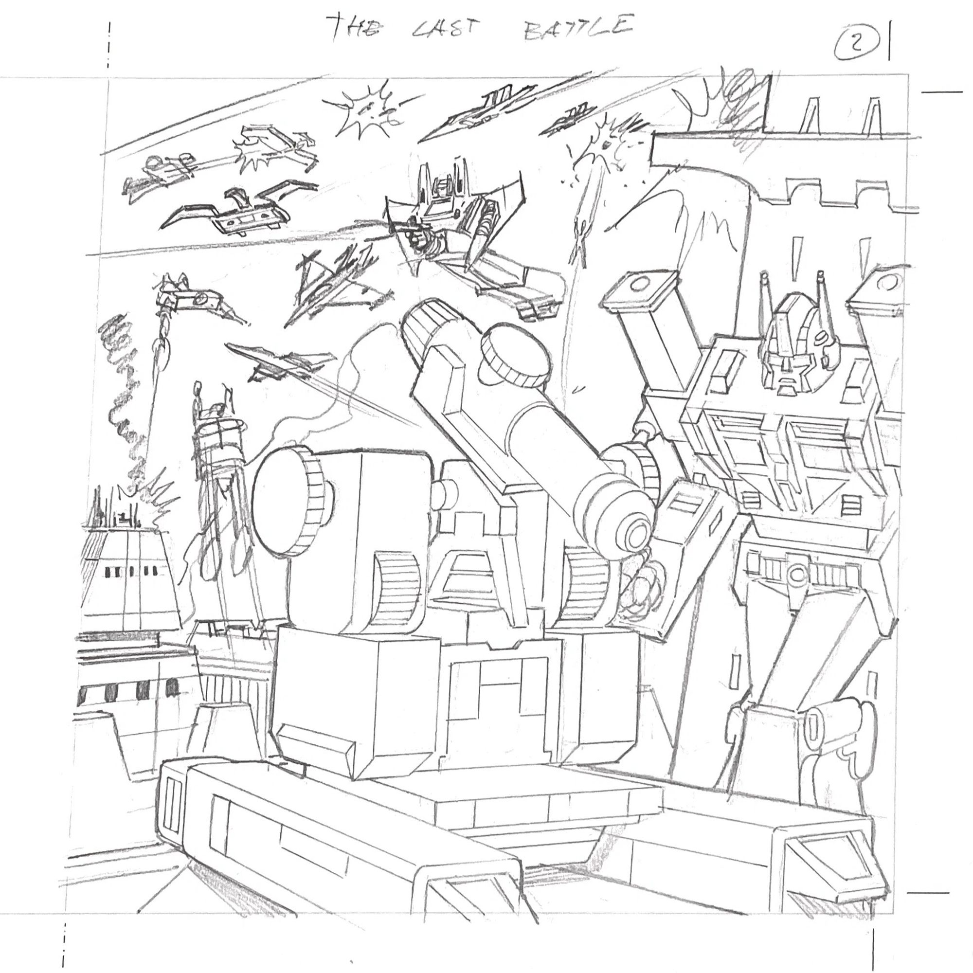 Pencilled illustration of Generation 1 Transformers characters. Perceptor and Ultra Magnus are in conversation while various battling robots fly around in the distance.