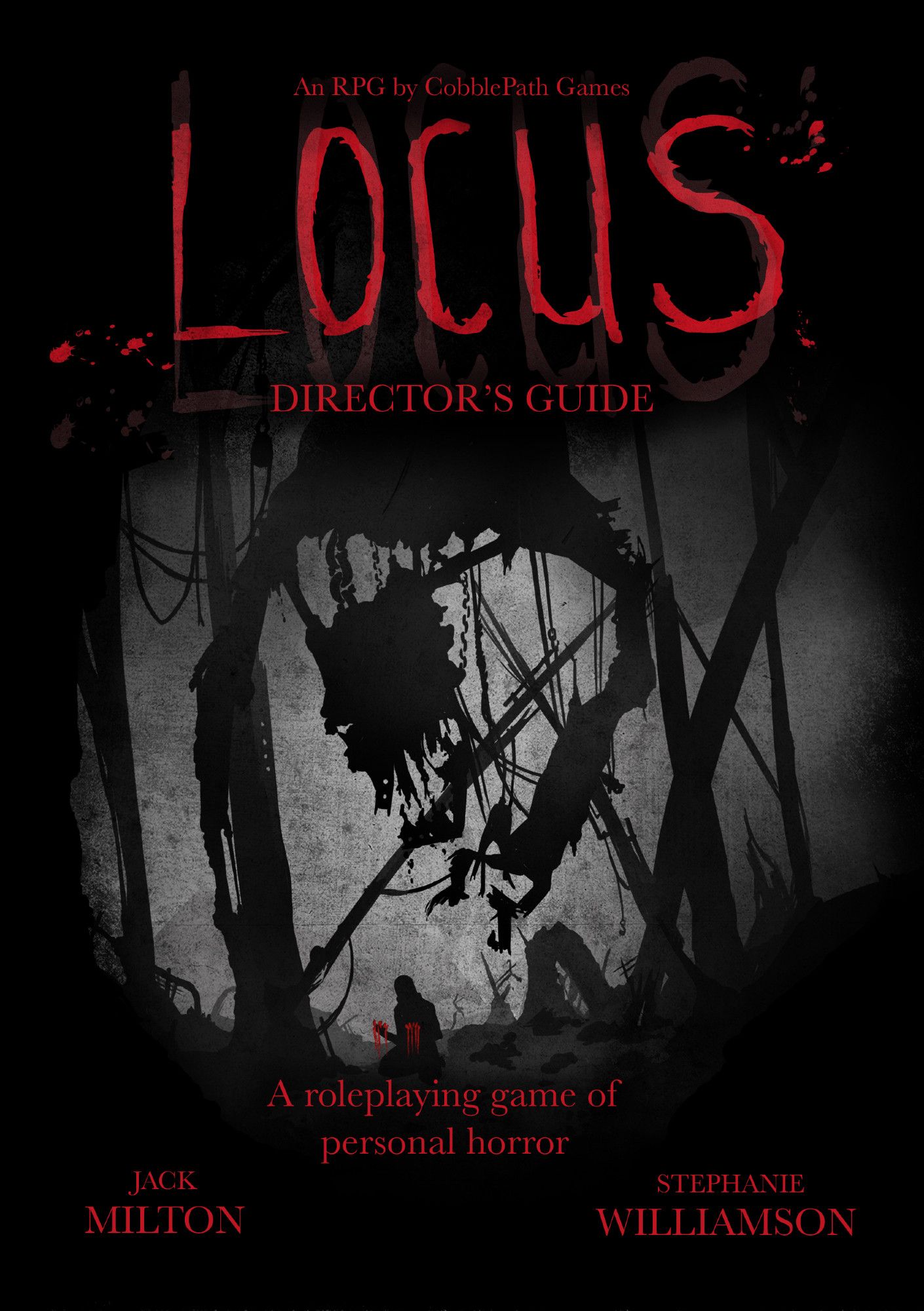 The Front cover for the Locus horror ttrpg director's guide.
It shows a black and white image with a silhouetted kneeling person, blood dripping from their hands as wreckage and pipes hang above them in a shape that is evocative of a giant reaching figure.