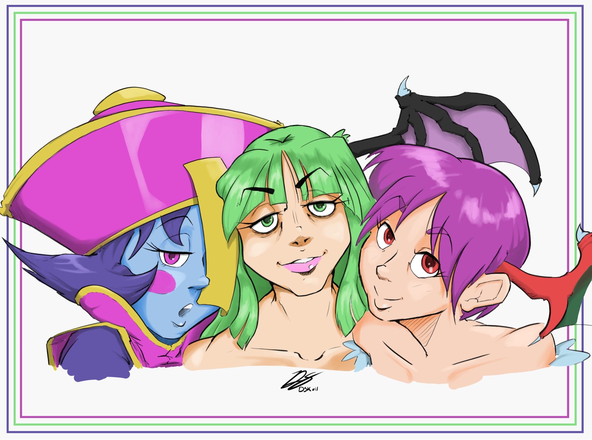 Digital drawing of the characters Morrigan, Lillith, and Hsien-Ko from Darkstalkers. Drawn from the shoulders up, in their respective default colors. A square border of three lines, pink, green, and deep blue surround them.