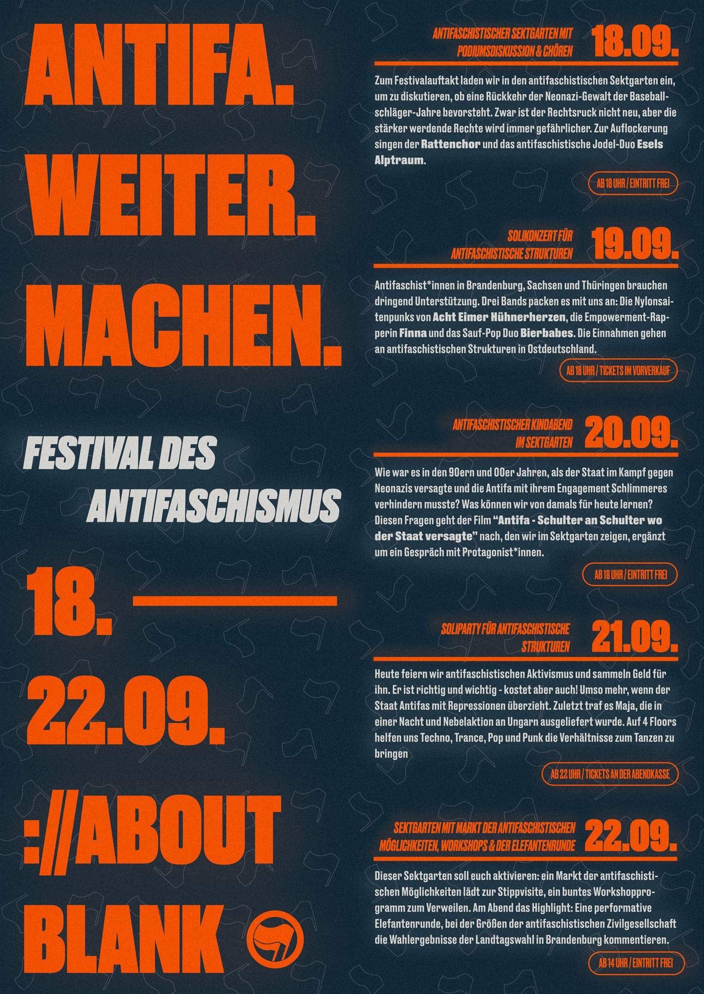 Flyer zu dem Festival des Antifaschismus mit allen Veranstaltungen. Alle Infos können hier bei den einzelnen Veranstaltungen gelesen werden: https://ra.co/clubs/28354