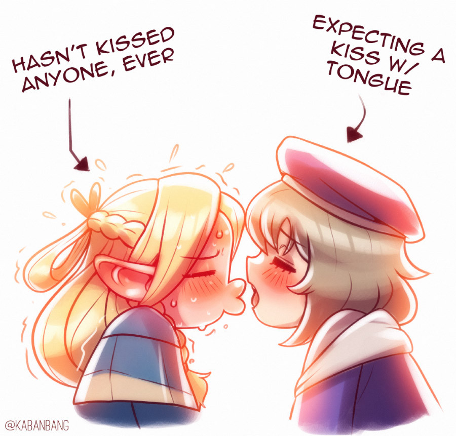 A drawing depicting Marcille Donato and Falin Touden from Delicious in Dungeon. Marcille is  sweating, nervously puckering up her lips while a caption pointing towards her reads "Hasn't kissed anyone, ever". In front of her is Falin. She's got her eyes closed and an open mouth, leaning in to kiss Marcille. A caption pointing towards her reads "Expecting a kiss with tongue"