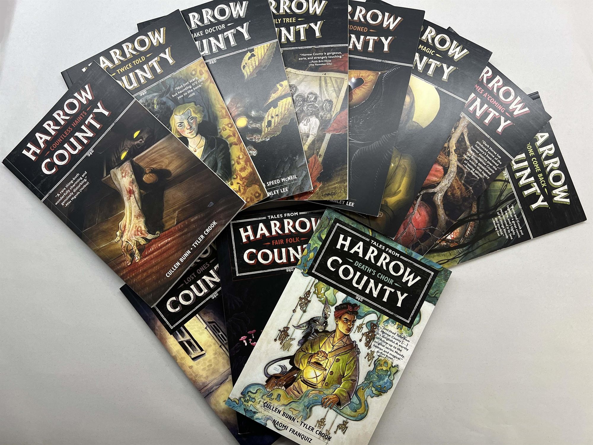 This is every Harrow County and Tales from Harrow County trade paperback fanned out on a table.