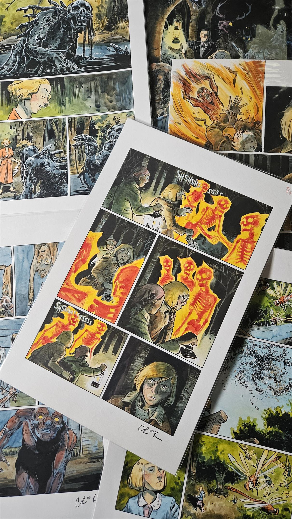 Here's some of the original art pages that sold and have been shipped to their new homes. These watercolor pages are from the Harrow County comic series and feature Emmy, flaming skeleton ghosts, the Skinless Boy, a bog monster, and Kammi.