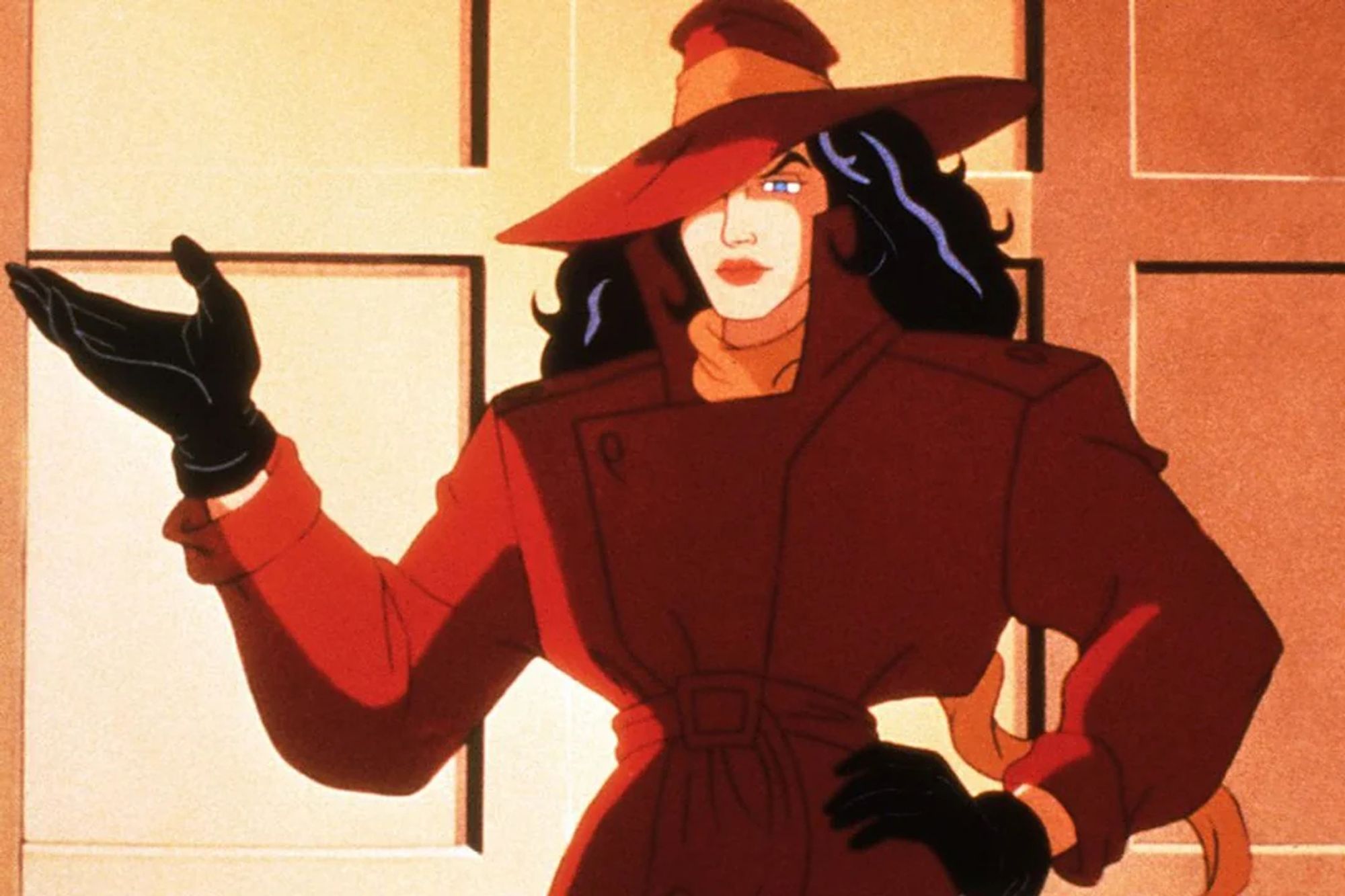 Carmen Sandiego, with her red trenchcoat and fedora hat, long black hair, and black gloves. This is the original version of her too, where she looks a lot more buff.