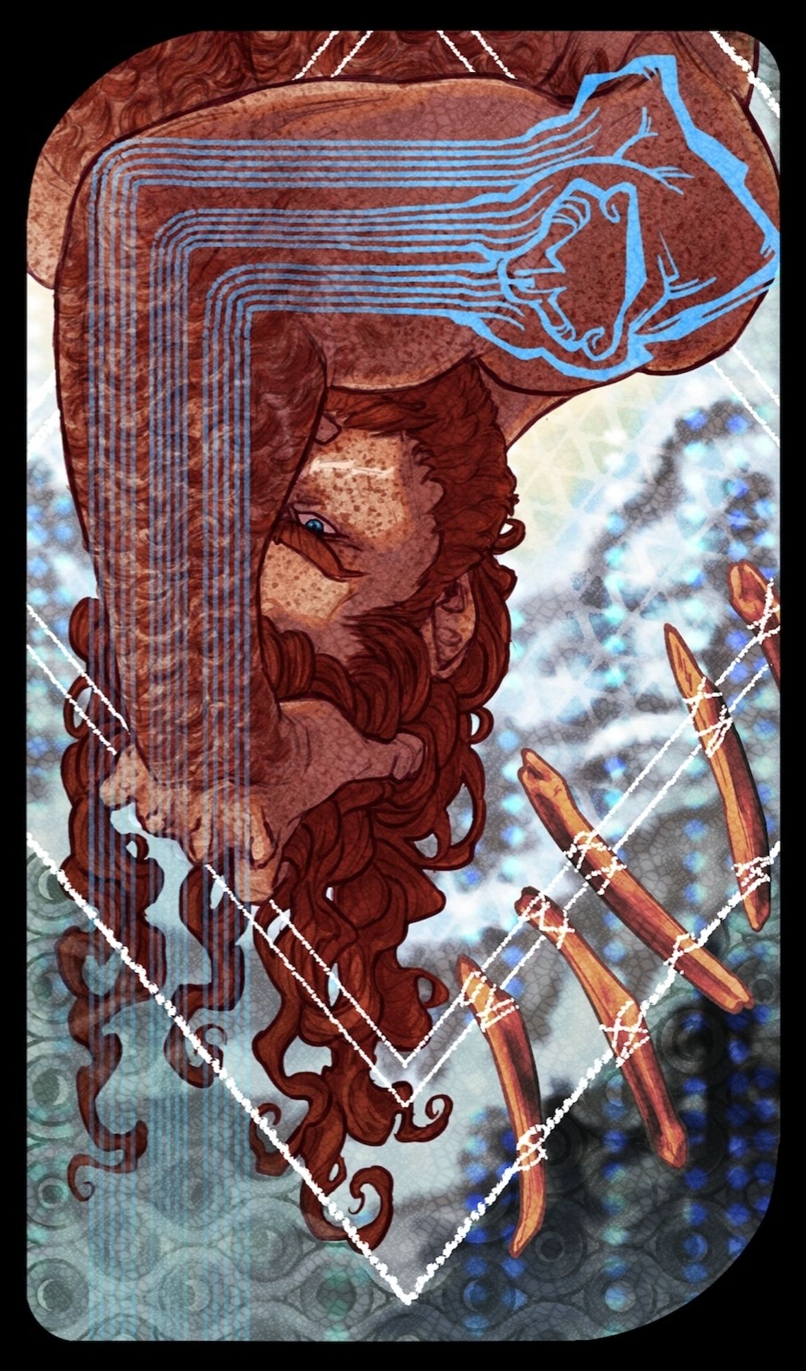 Tarot card style of art with a man with red hair is upside-down. There are faded mountains in the background, overlapped with stylized bones tied into graphic lines that create Vs across the composition.