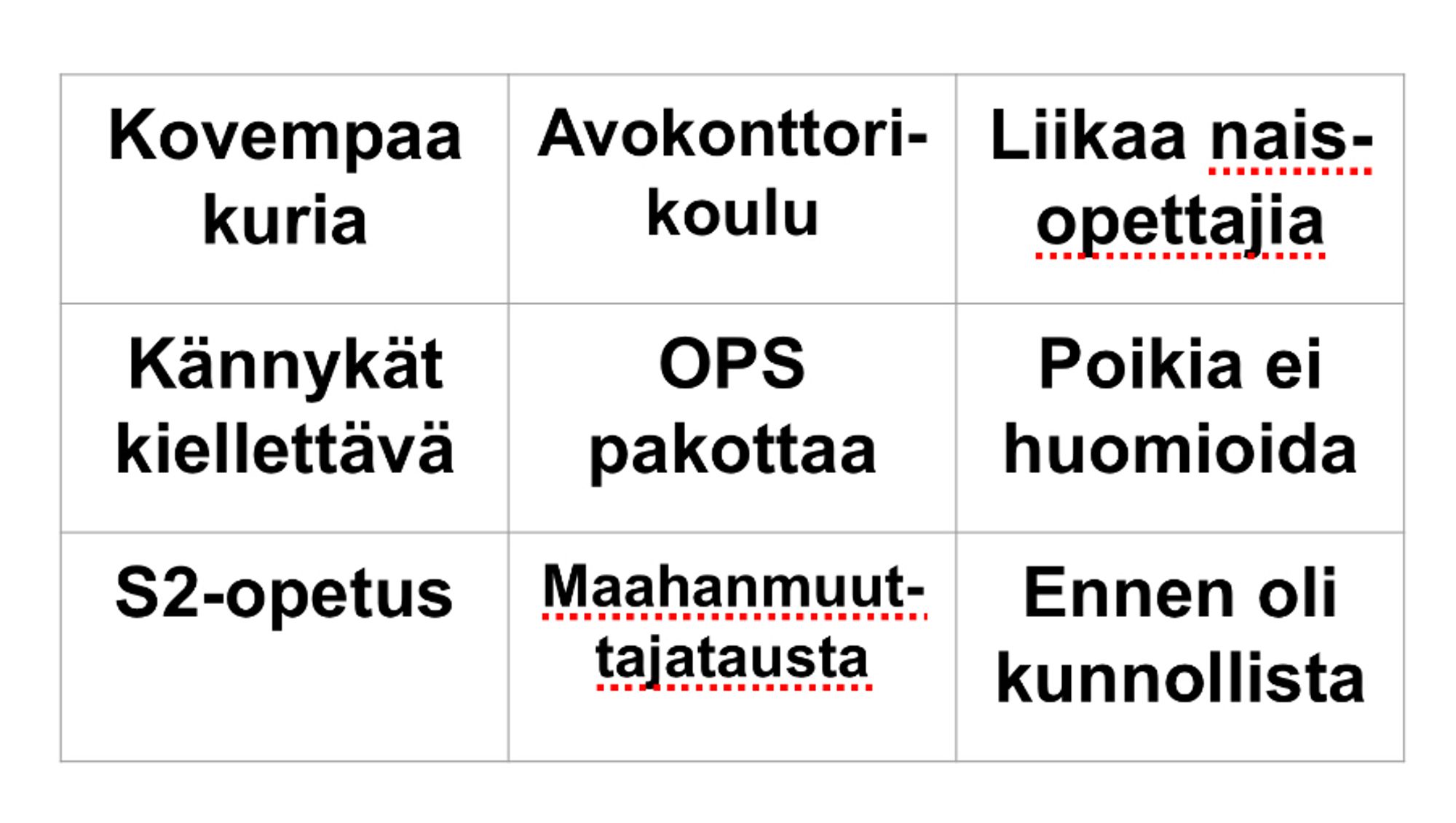 Taulukko jossa kovempaa kuria, avokonttorikoulu, liikaa naisopettajia, kännykät kiellettävä, ops pakottaa, poikia ei huomioida, maahanmuuttajatausta, ennen oli kunnollista