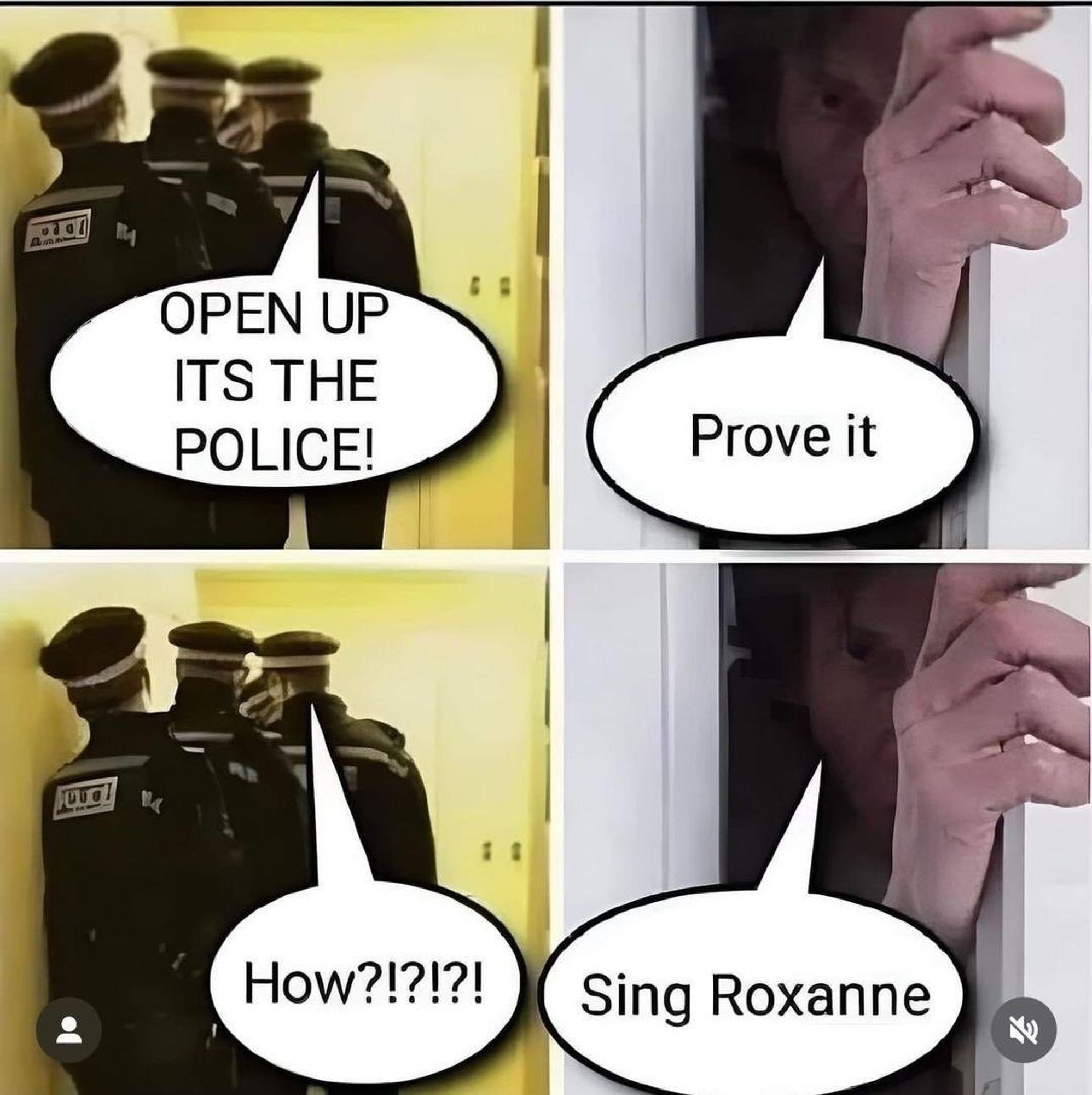 diálogo em quatro quadrinhos:

- open up its the police
- prove it
- how?!?!
- sing roxanne