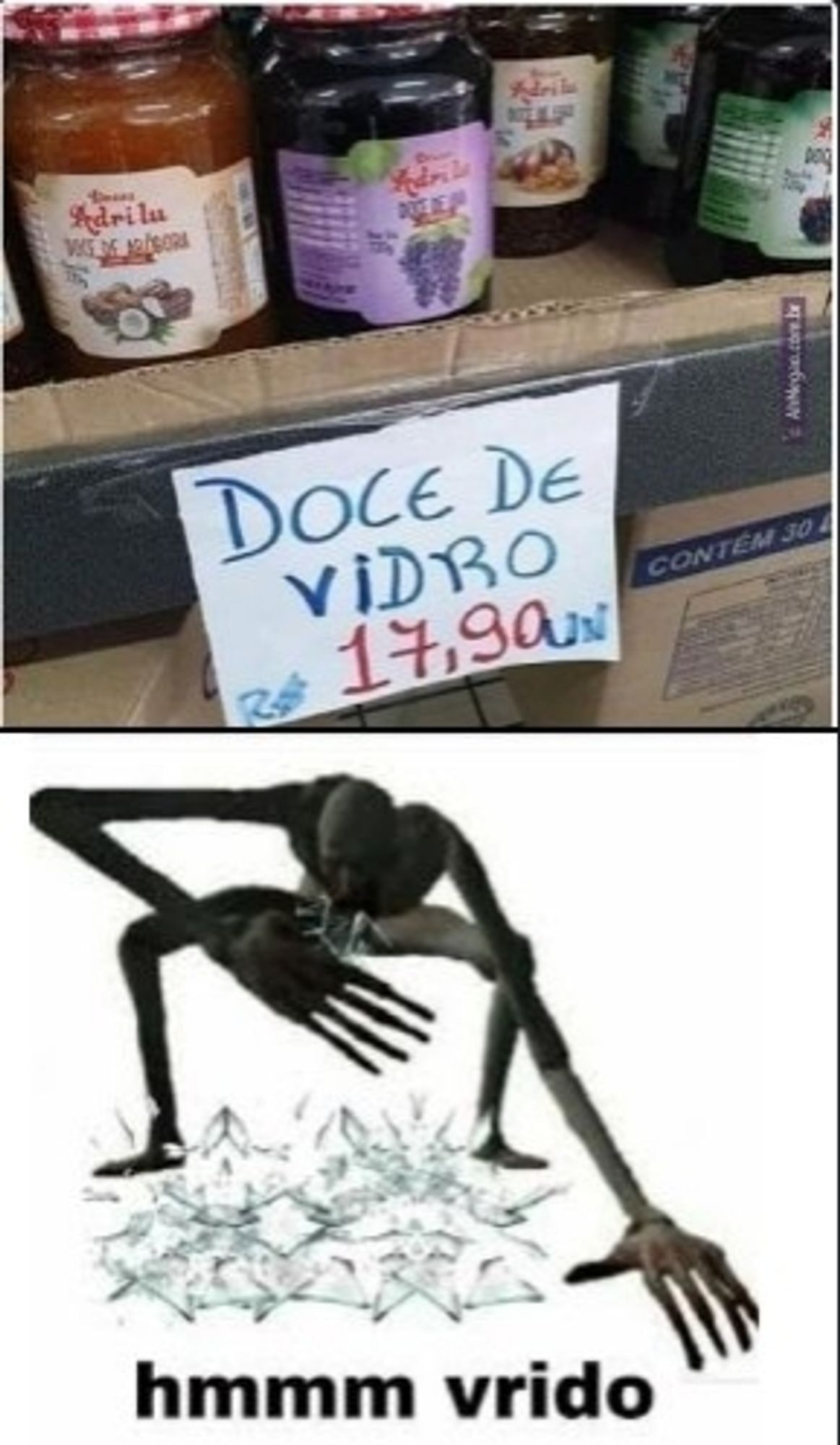 em uma prateleira vários potes de doce e abaixo escrito "doce de vidro 17,90"