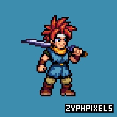 A sprite of Crono from Chrono Trigger.