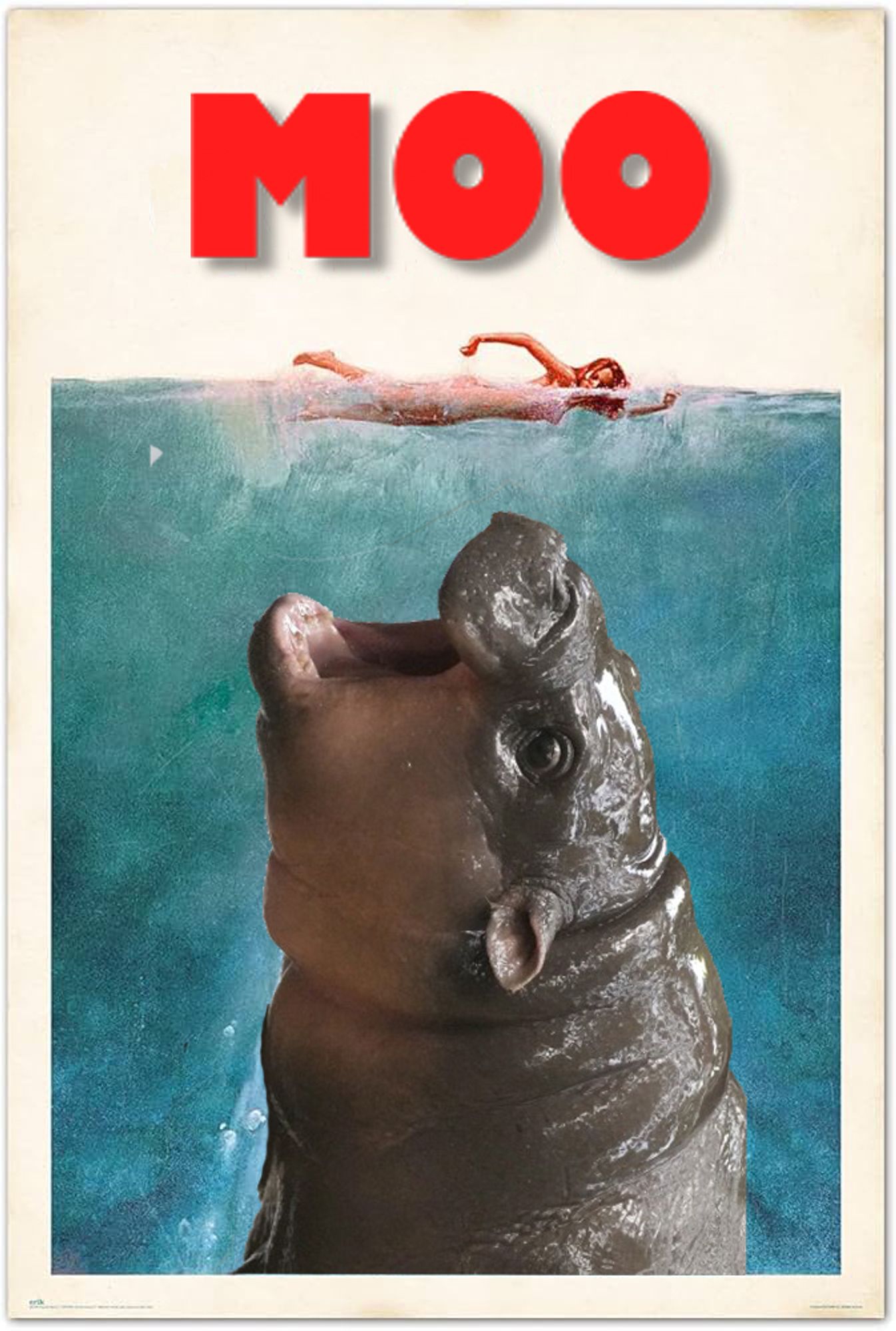 classic JAWS poster except it's the baby hippo Moo Deng in place of the shark and it says MOO instead of JAWS