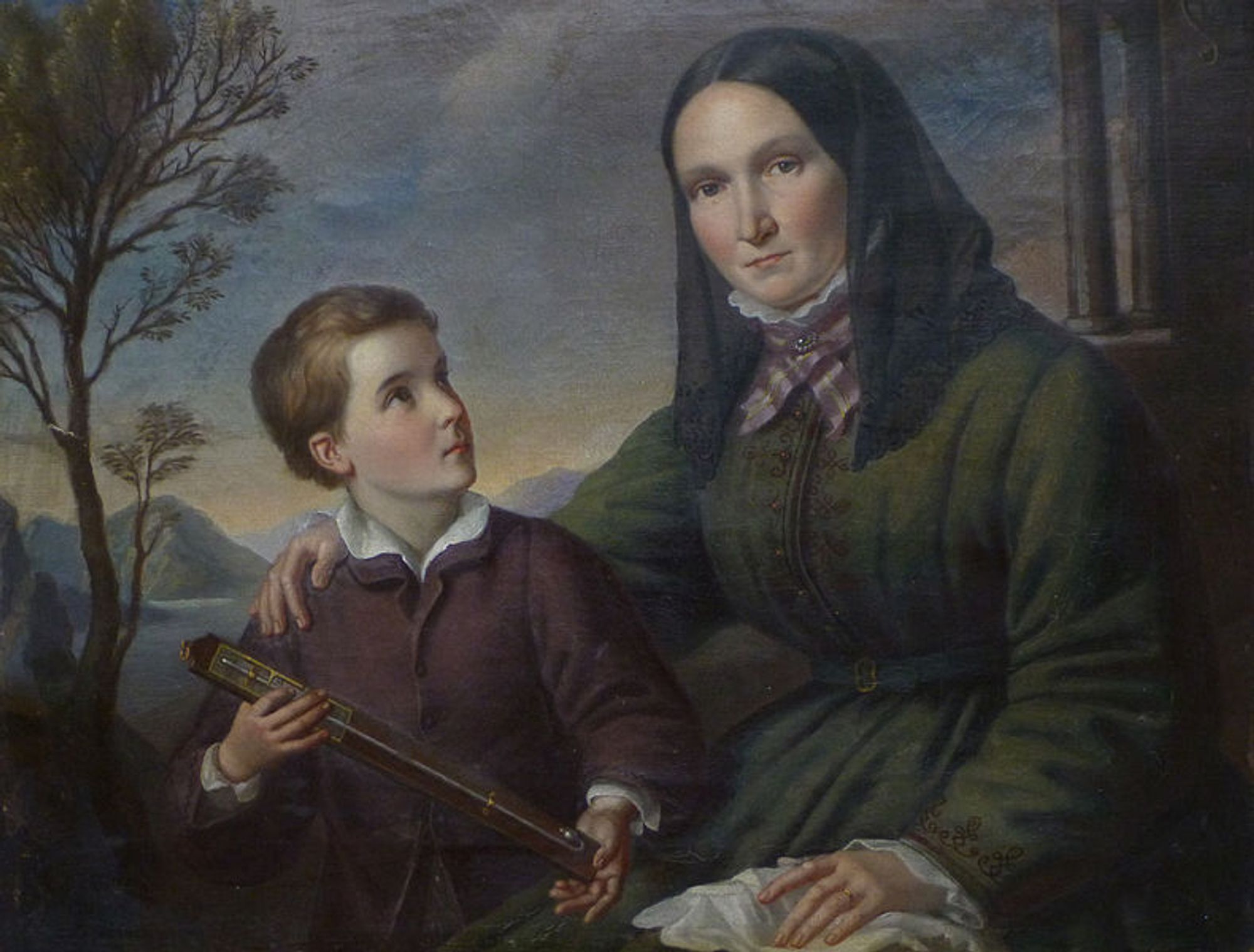 A portrait of a young boy showing a barometer to a woman, who has her arm around him. The boy has short light brown hair and wears a brown suit. The woman has black hair half-covered by a black veil and wears a green dress with a plaid cravat and a high white collar. There is a hazy Italianate background.