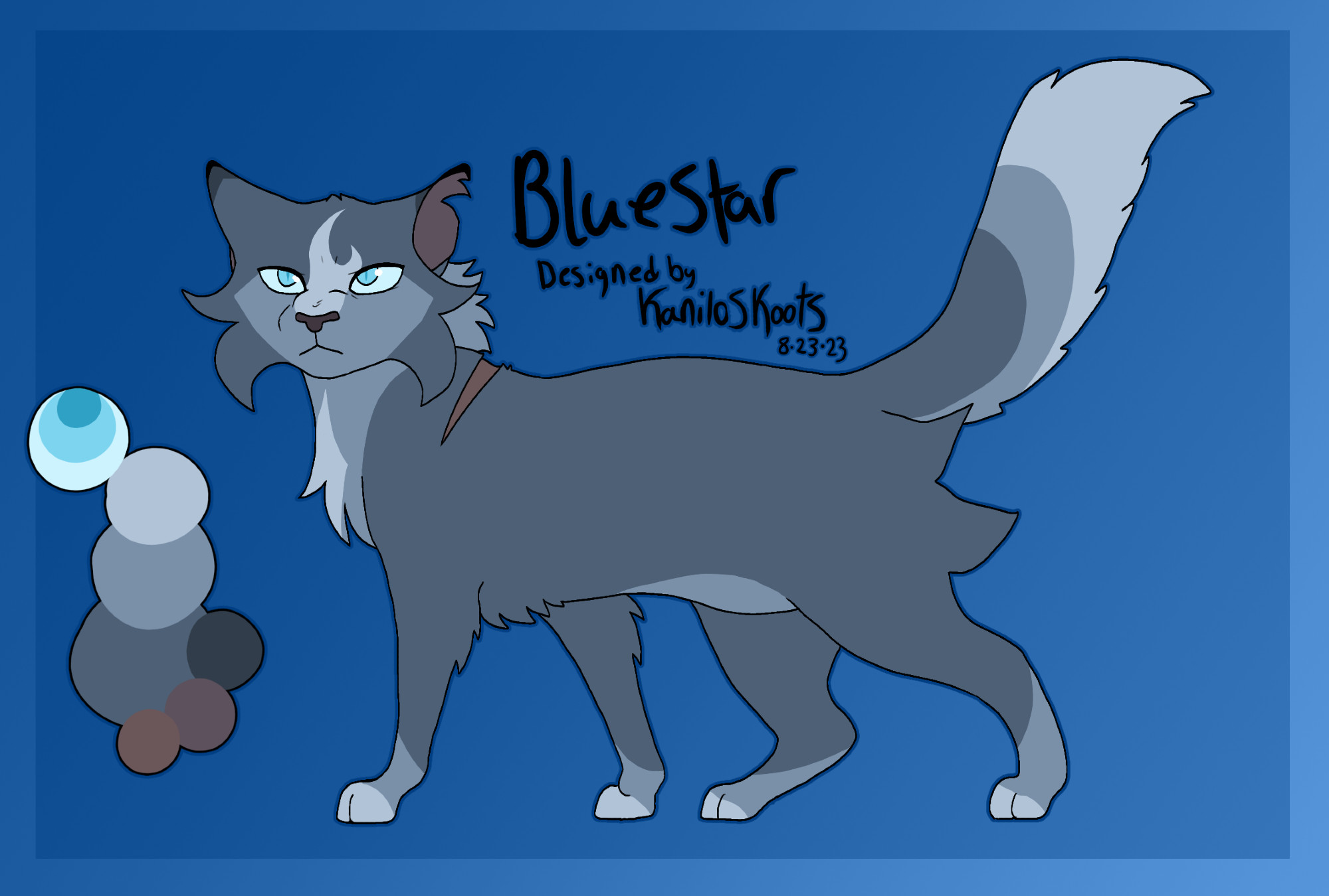 Grey cat with a determined look on her face. She has a lighter colored marking on her face slightly resembling fire, and a scar across her shoulder. Text above her reads from top to bottom, '' Blue star, Designed by Kanilo Skoots, and the date 8 23 23''