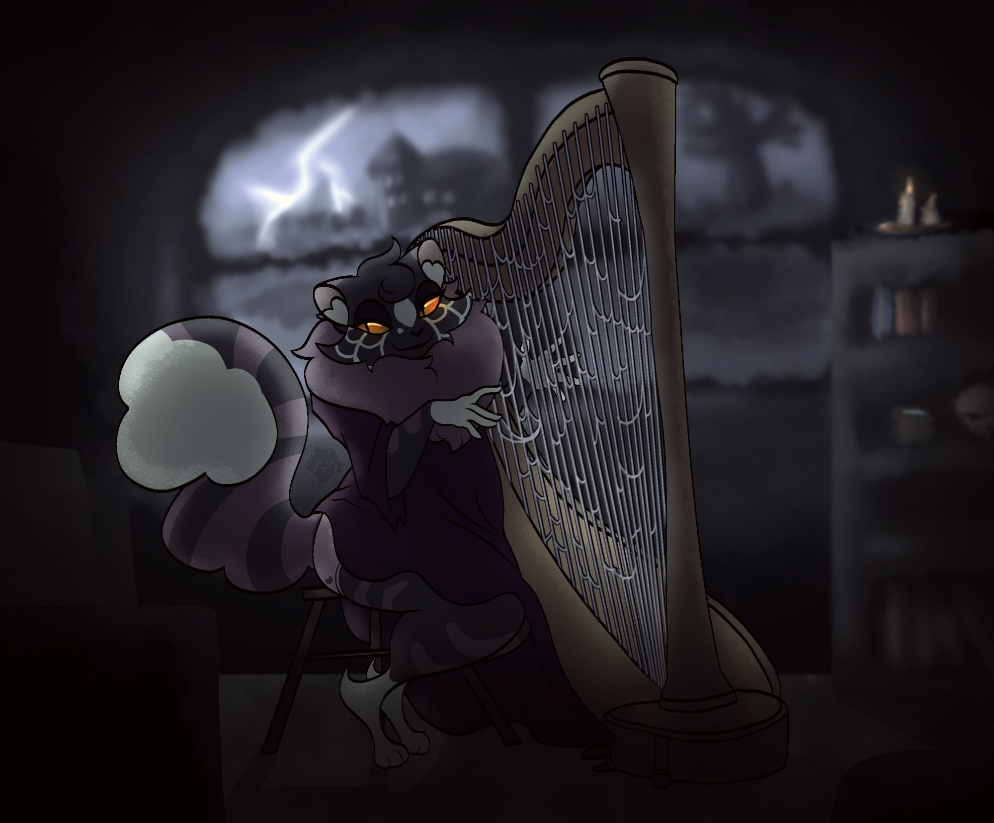 A black and purple cat sitting on a stool in a dark room playing a harp. Harp's strings are replaced by spider webs. 
On her left side is a bookshelf with candles, books, and a skull on it, her right side is a couple of carboard boxes. 
Behind her is a window showing it's night time, illuminating her from behind is lightning striking near an abandoned mansion and a dead tree in an open field outside said window.