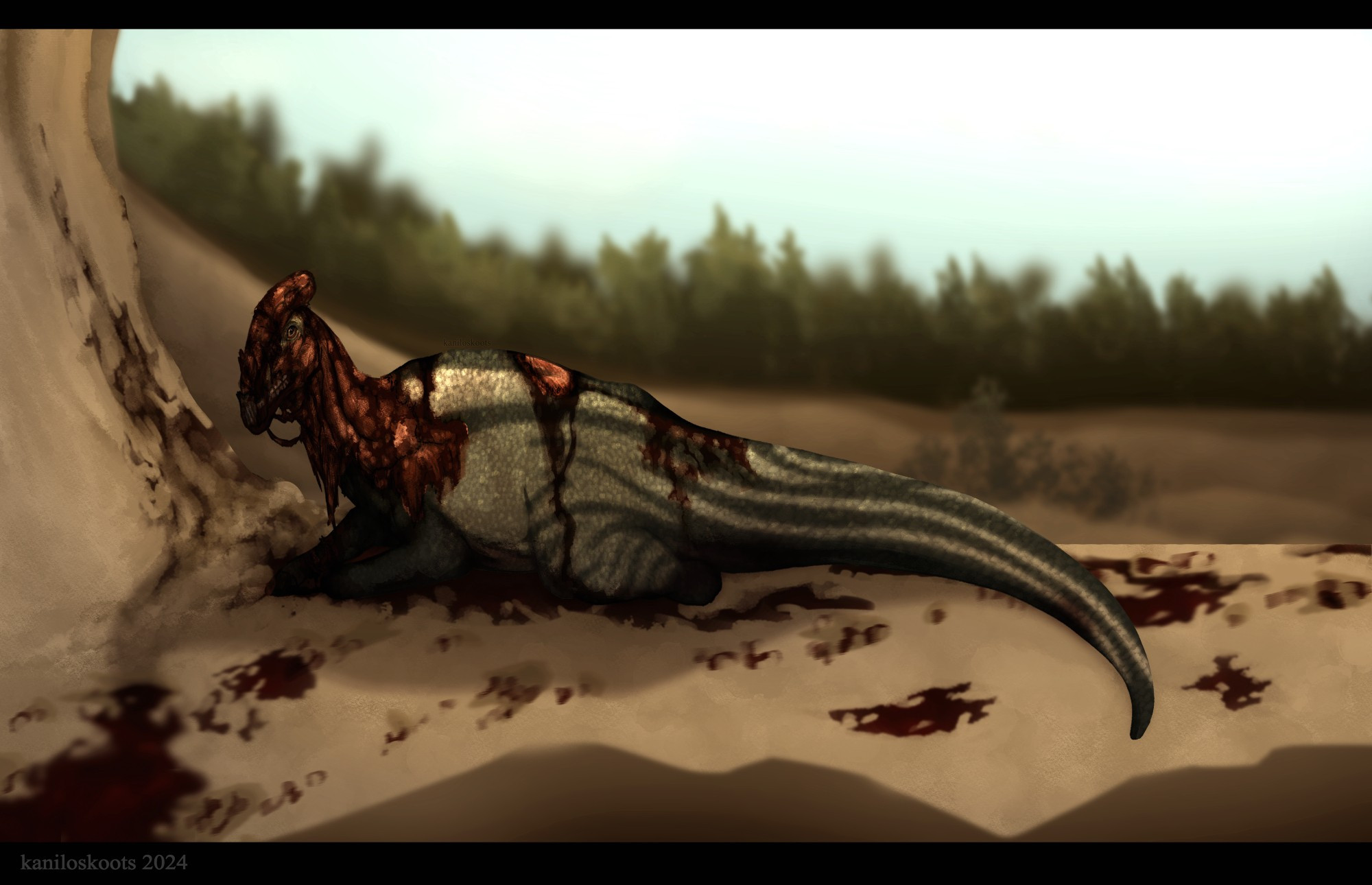 This photo is depicting the brutal side of nature and will be moderately describing gore. 
A young green colored Parasaurolophus laying down covered in blood, with skin torn off it's upper body show muscle underneath. Around it in the dirt, is it's own blood trail and foot prints, implying it had been pacing around trying to escape a ravine it lays in. 
The background is dirt and rocks, with a steep cliff with blood and scrapes on it, showing the Parasaurolophus's failed escape, with trees lining the cliff farther in the distance.
The bottom of the picture is signed 'kaniloskoots 2024'