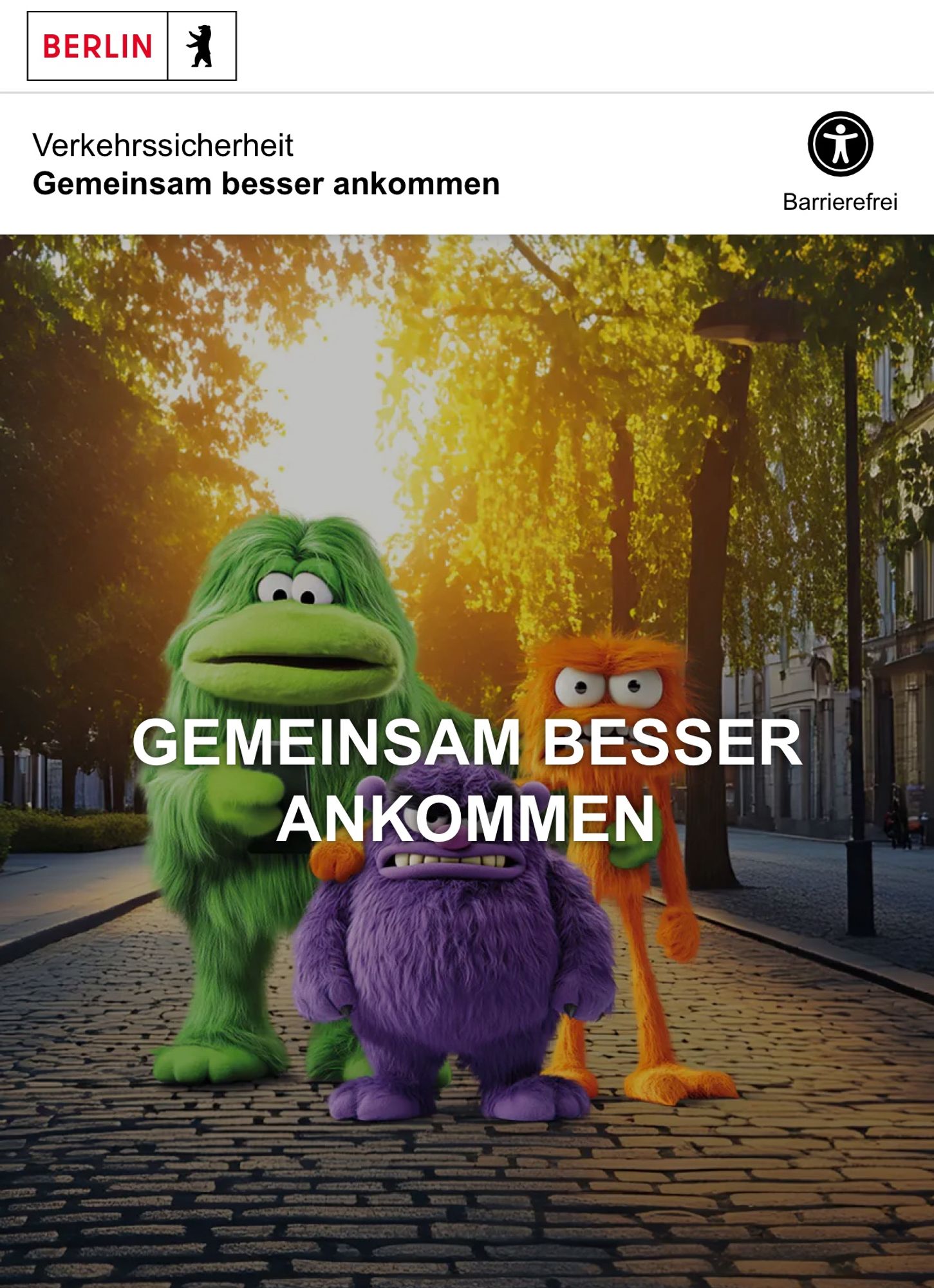 Screenshot der Website besser-ankommen.berlin.de mit einem Bild auf dem drei verschiedenfarbige Monster auf einer Kopfsteinpflaster-Straße zu sehen sind. Darüber liegt Text: „Gemeinsam besser ankommen“