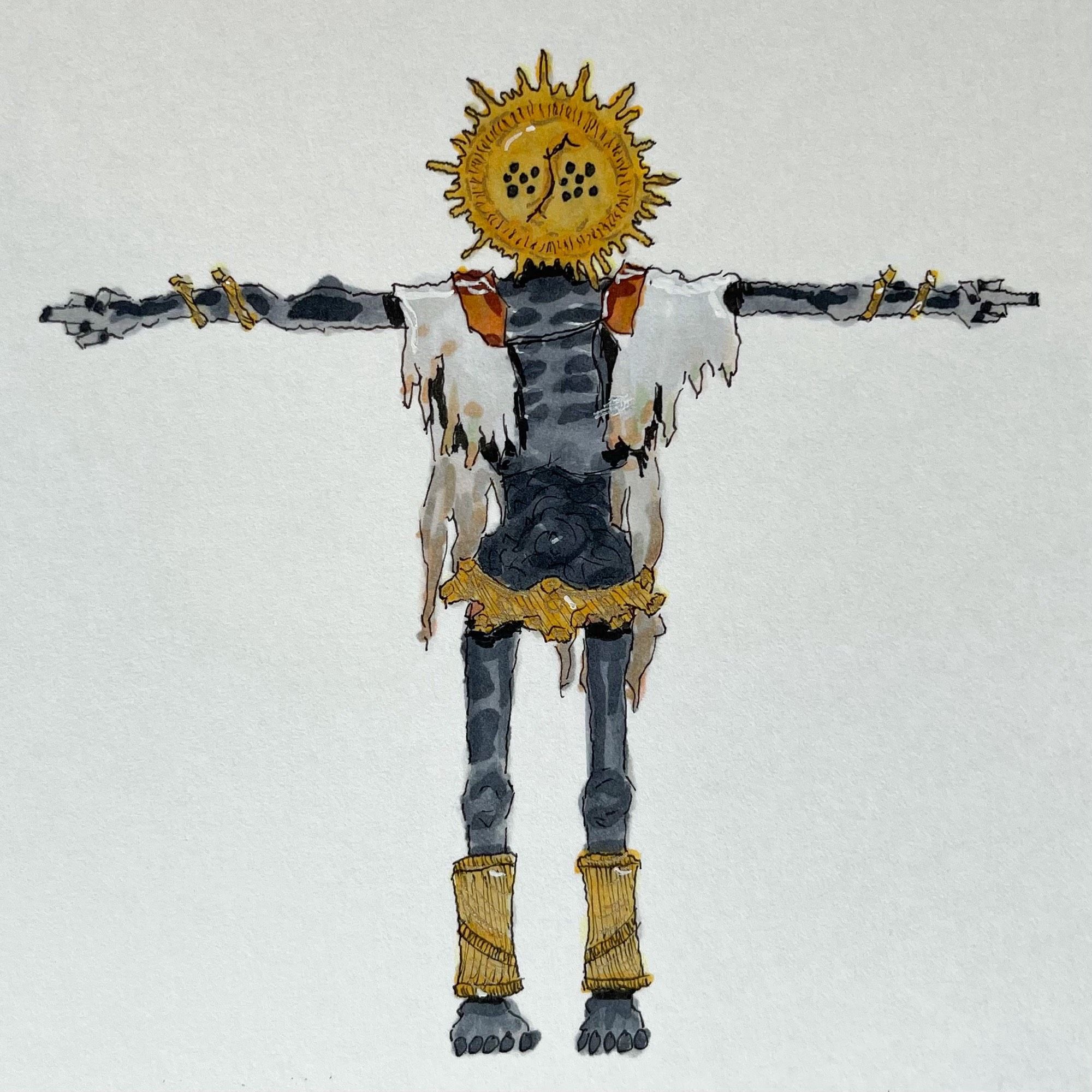 a drawing of the ever brilliant gold mask from elden ring doing his standard t-pose, however he is flipping off the viewer so the joke is that corhyn who interprets his finger movements is being told to fuck off cause i thought it was silly