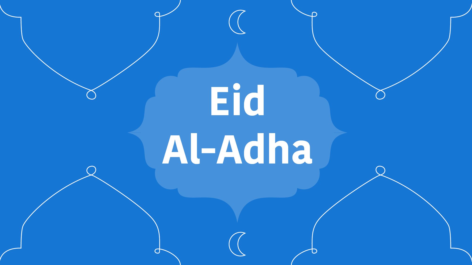 Blaue Grafikkachel mit Ornamenten und Text: "Eid Al-Adha"