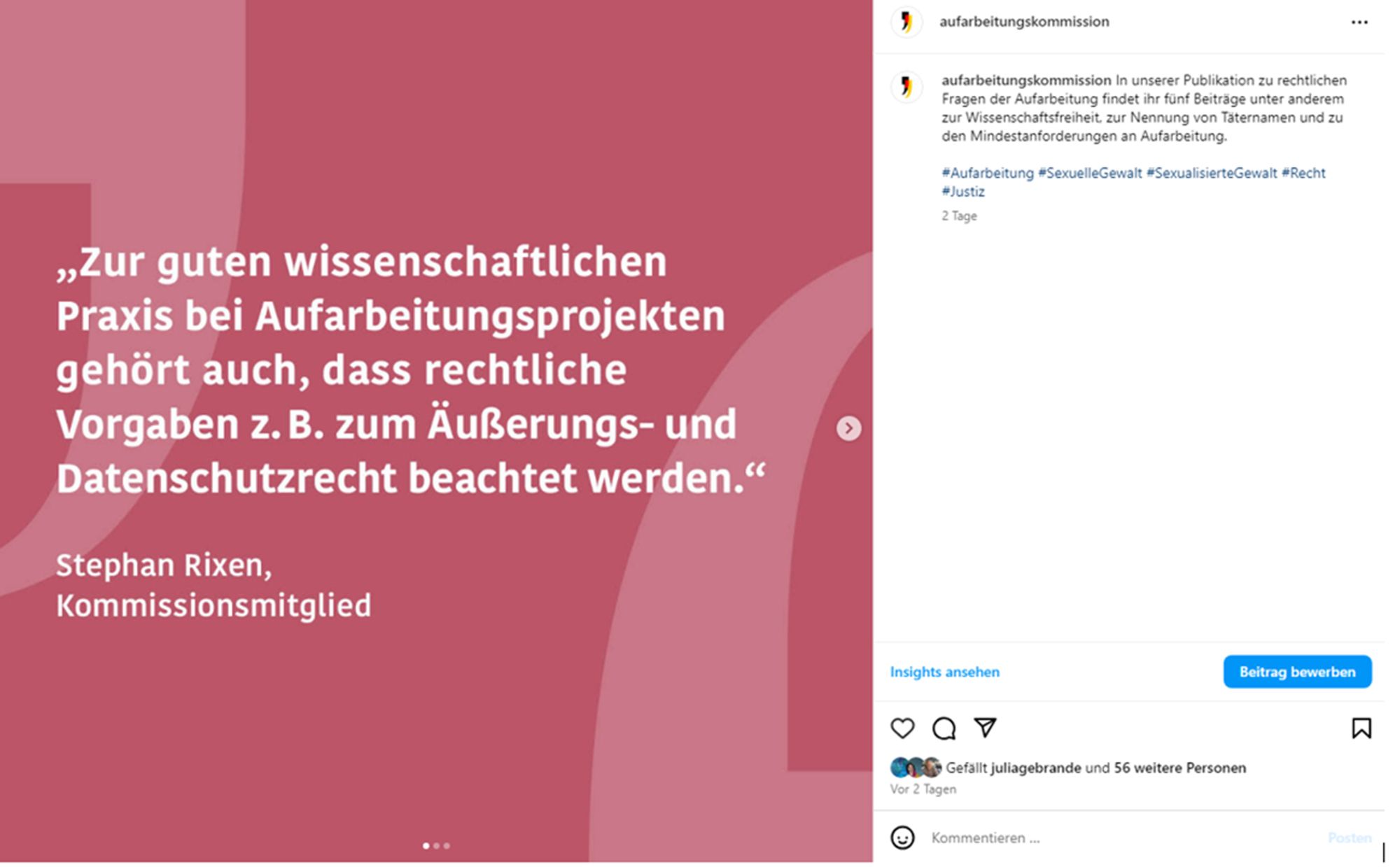 Screenshot unseres Instagram-Beitrags mit einem Zitat von Stephan Rixen: "Zur guten wissenschaftlichen Praxis bei Aufarbeitungsprojekten gehört auch, dass rechtliche Vorgaben z.B. zum Äußerungs- und Datenschutzrecht beachtet werden."