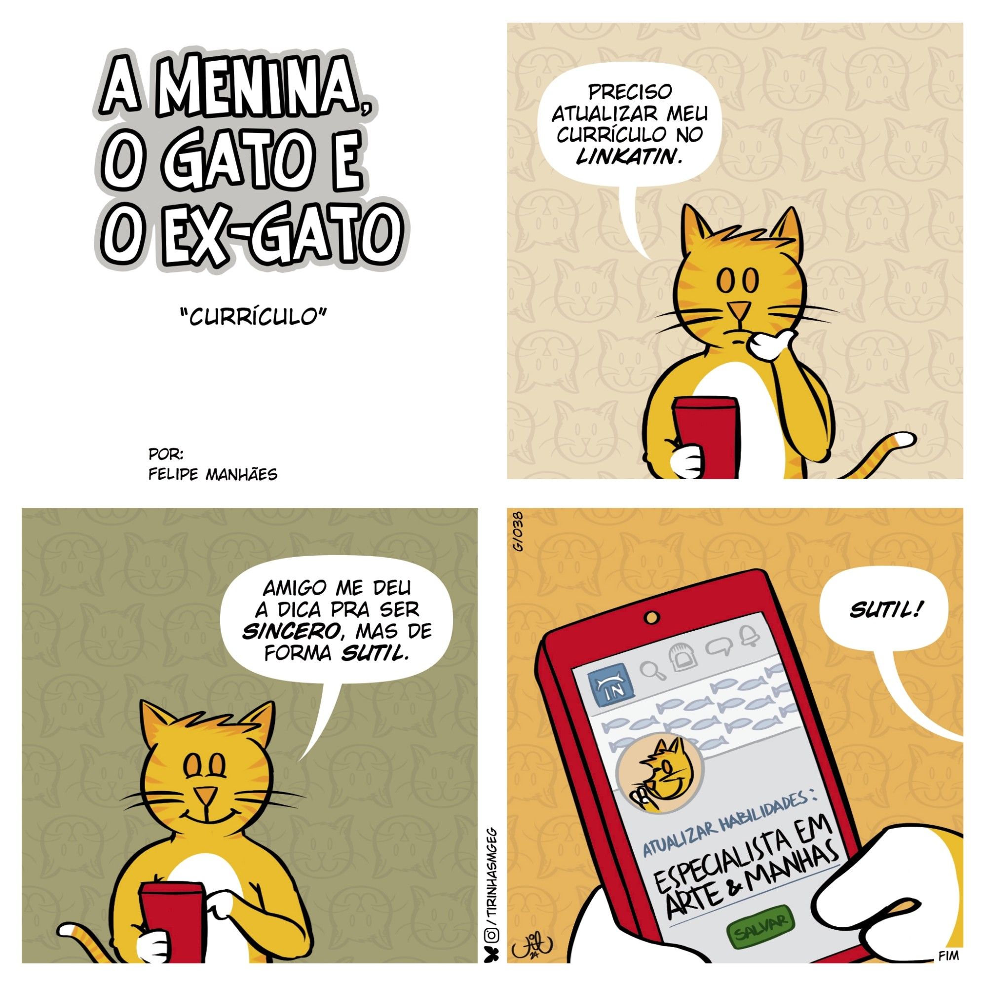 Os 3 quadros anteriores juntos formando um quadrado, com o título: a Menina, o Gato e o ex-Gato. Currículo. Por: Felipe Manhães