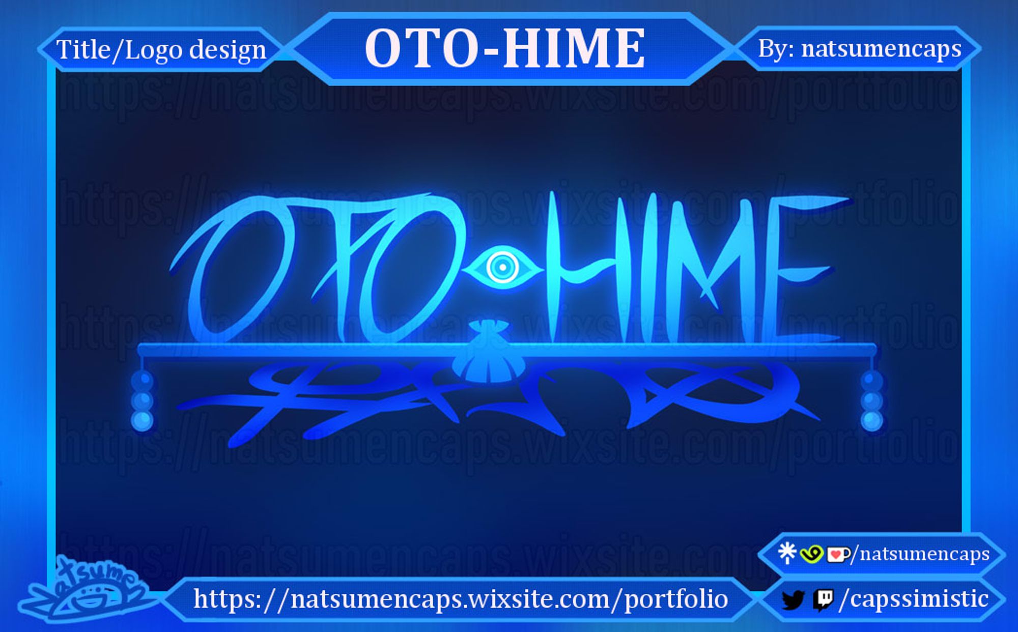 title 'OTO-HIME' glowing blue with imagery of eye substituting the dash, the name sits on top of a long bar (hair ornament) with 3 beads on each side and a shell in the center. there's a shadow reflected below the title written in Japanese hiragana おとひめ