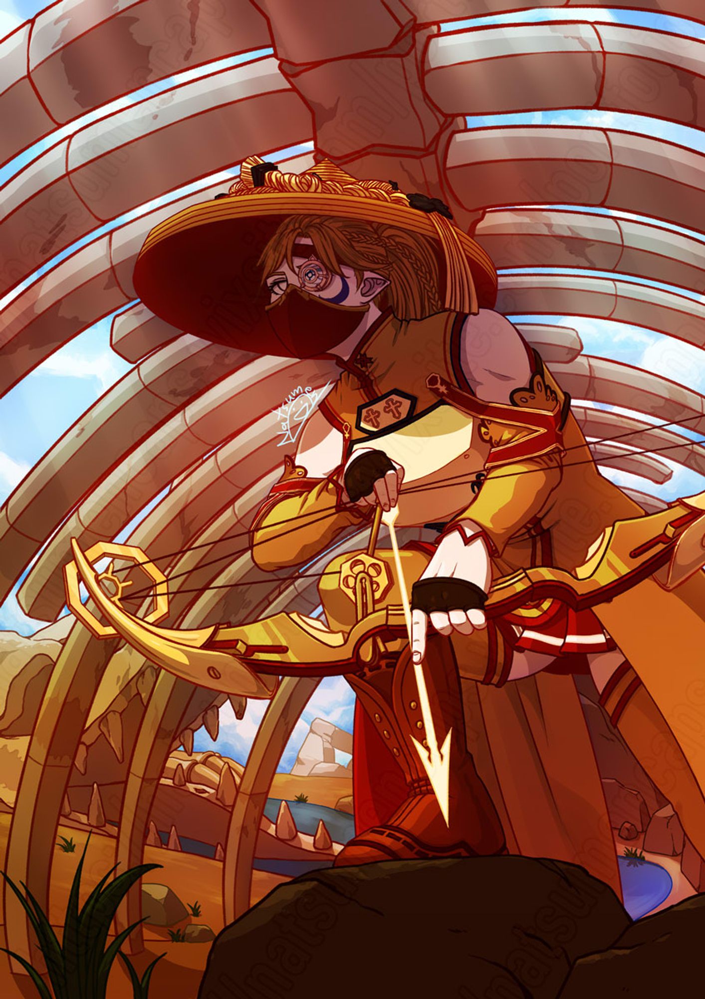 elf lady in mask and huge straw hat wielding a golden bow and arrow propped on top of stone, a huge rib cage towers over her.