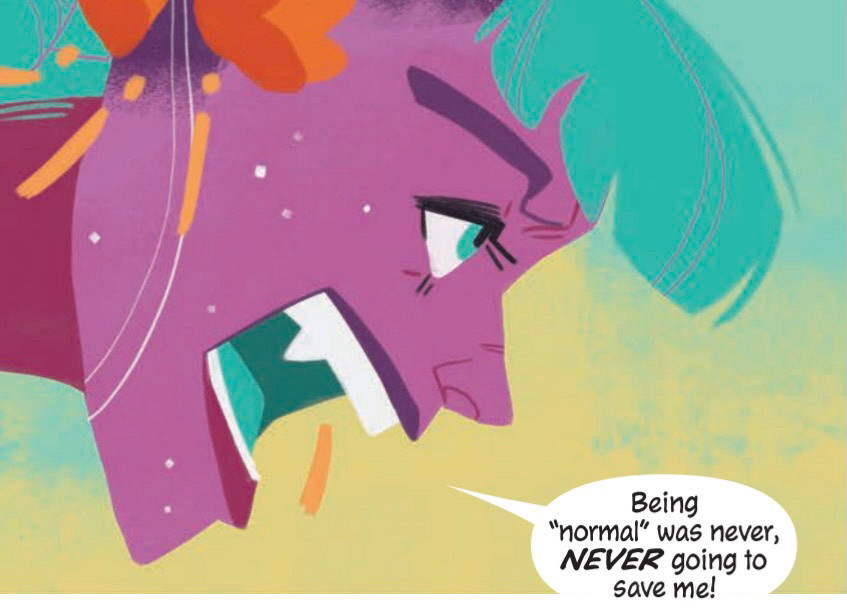 A panel from GALAXY: THE PRETTIEST STAR by Jadzia Axelrod, Vash Taylor and Ariana Maher, where Galaxy shouts "Being 'normal' was never, NEVER going to save me!"