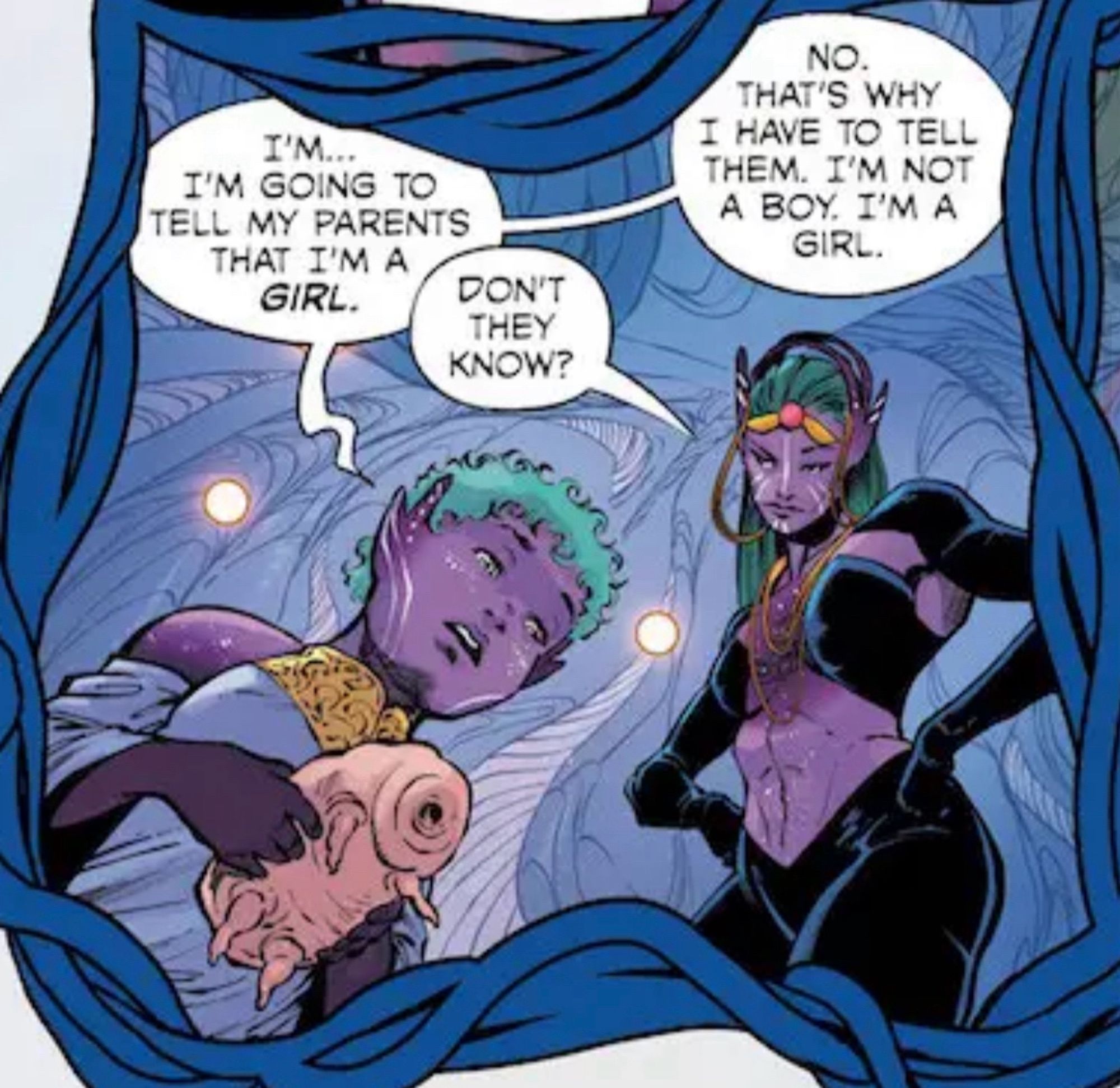 A page from HAWKGIRL: ONCE UPON A GALAXY by Jadzia Axelrod, Amancay Nahuelpan,  Adriano Lucas, Alex Guimarães, Carrie Strachan, and Hassan Otsmane-Elhaou, featuring a young Galaxy saying "I'M...I'M GOING TO TELL MY PARENTS THAT I'M A GIRL." Another Cyandii responds "DON'T THEY KNOW?"
"NO," Galaxy says. "THAT'S WHY I HAVE TO TELL THEM. I'M NOT A BOY. I'M A GIRL."