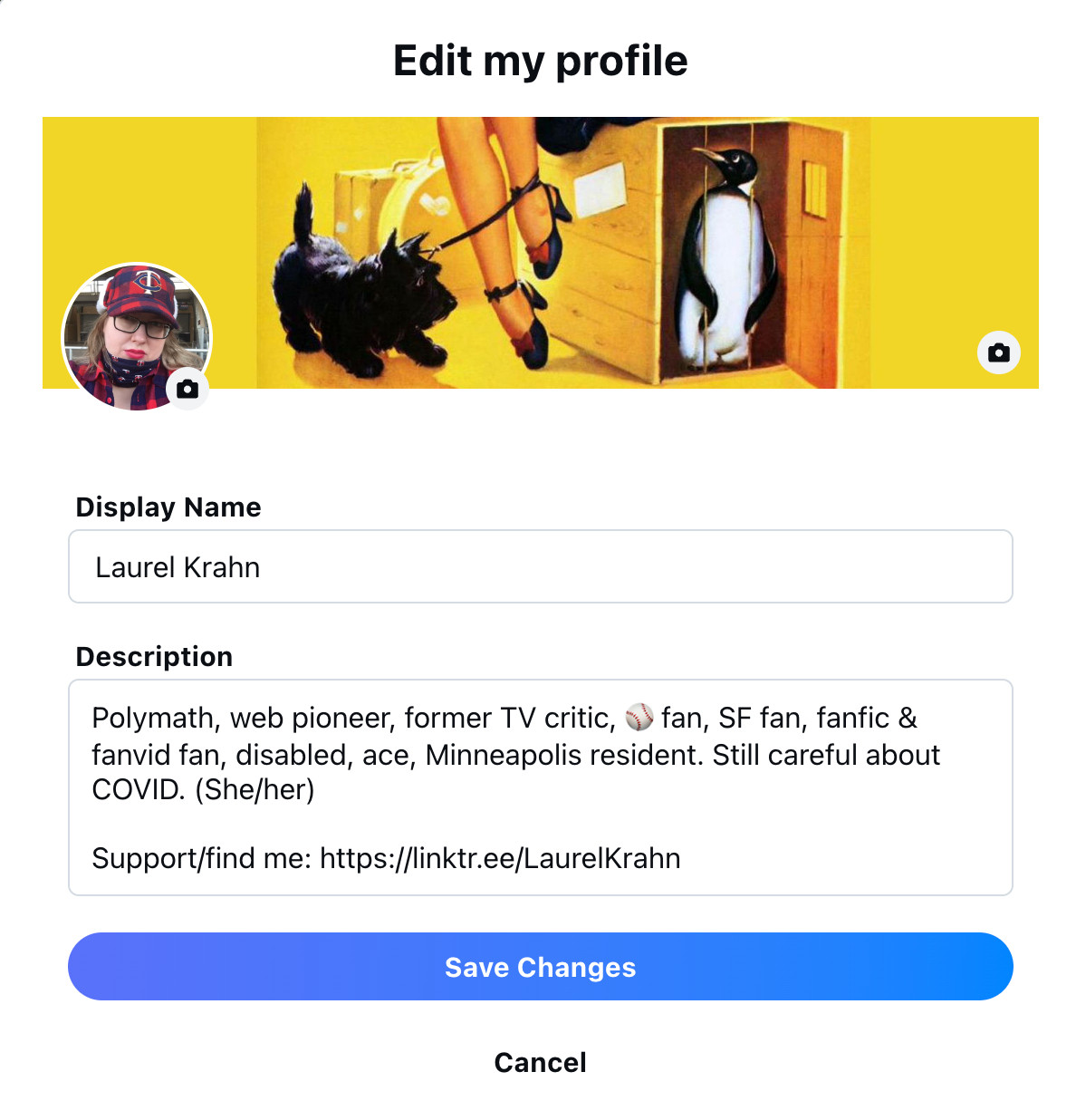 Once you're looking at your BlueSky profile, you can edit your display name and description of course, but there are also little camera icons on the profile pic/icon and the banner graphic. Select those to remove or upload new graphics.