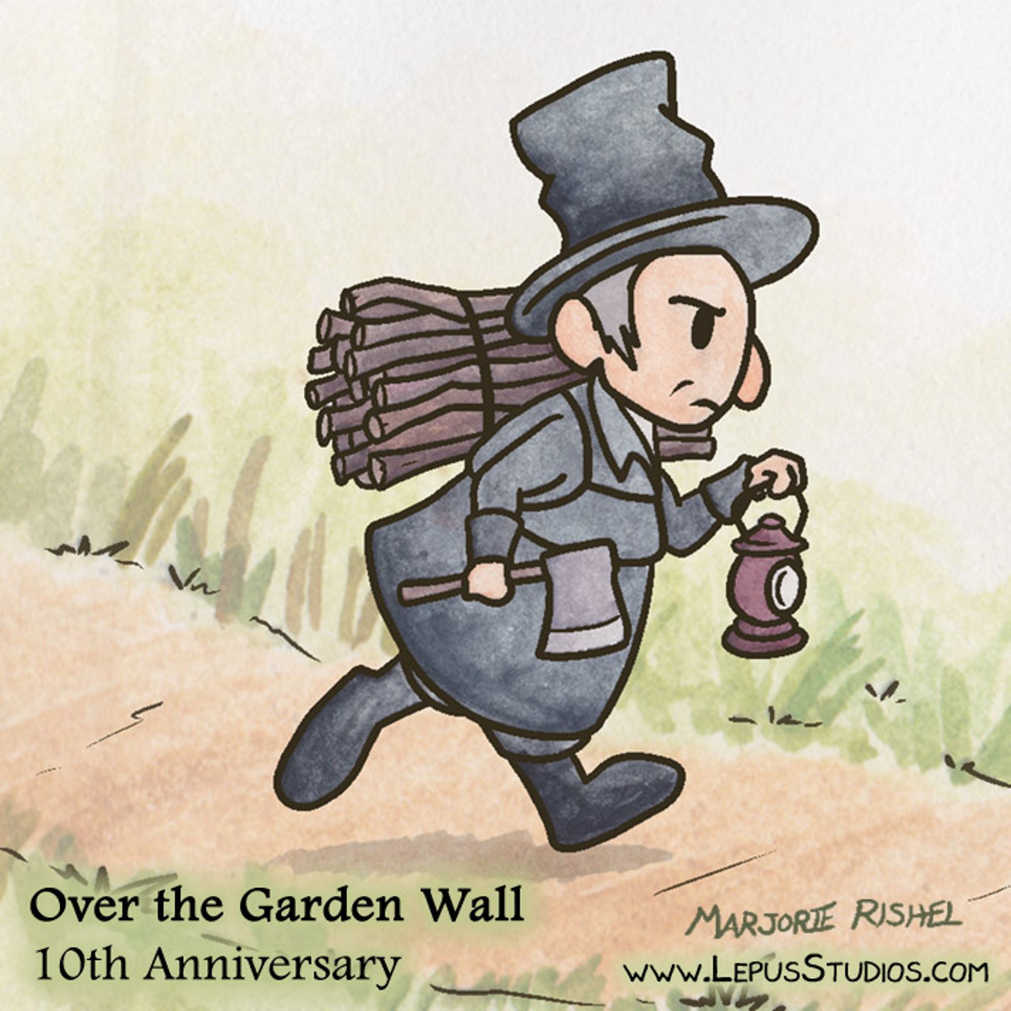 A woodsman in a black outfit stalks along a path. He is carrying a bundle of stick, an ax and a lantern. Based on the woodsman from the cartoon mini-series, Over the Garden Wall.