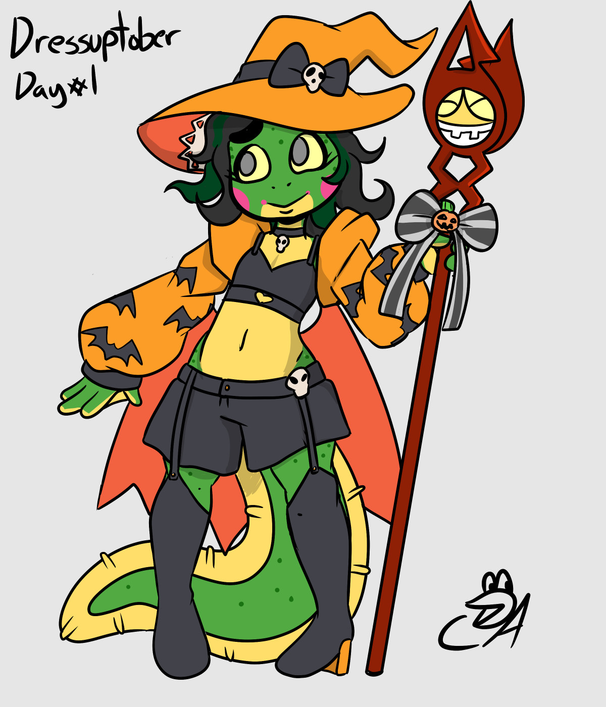 My frogsona, Caelin, dressed in witch-themed attire, holding their spear like a broom. A DressupTober prompt