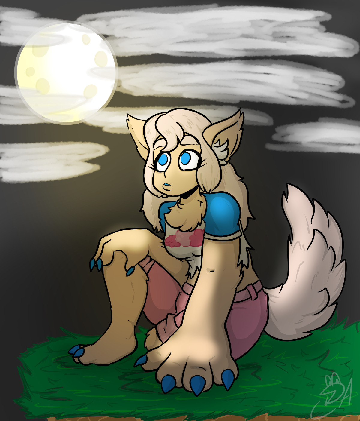 Werewolf girl, Blair, looking up at the full moon while sitting on a clifftop.