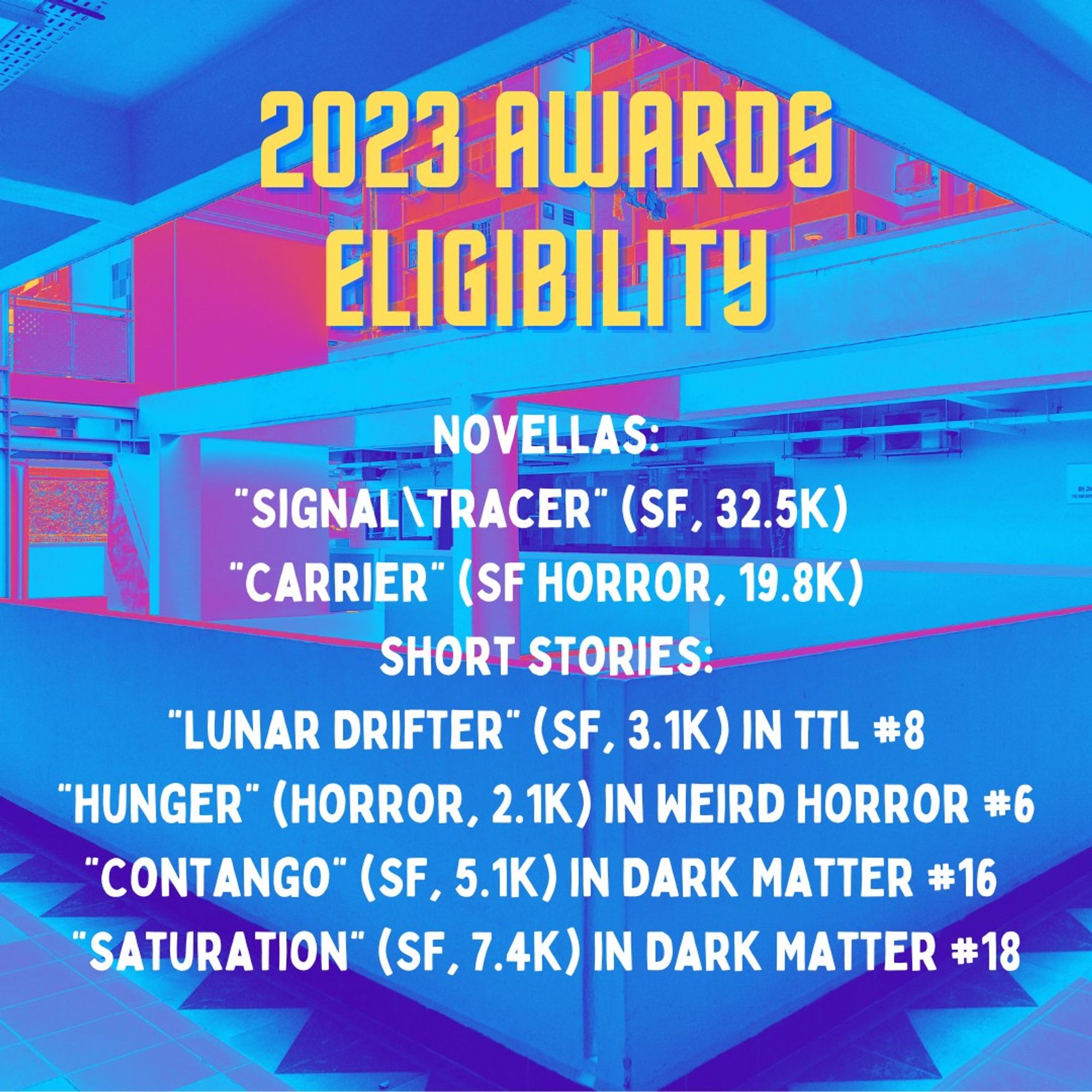 Eliane Boey's 2023 awards eligibility. Novellas: Signal\Tracer and Carrier. Short stories: Lunar Drifter, Hunger, Contango, and Saturation (forthcoming).