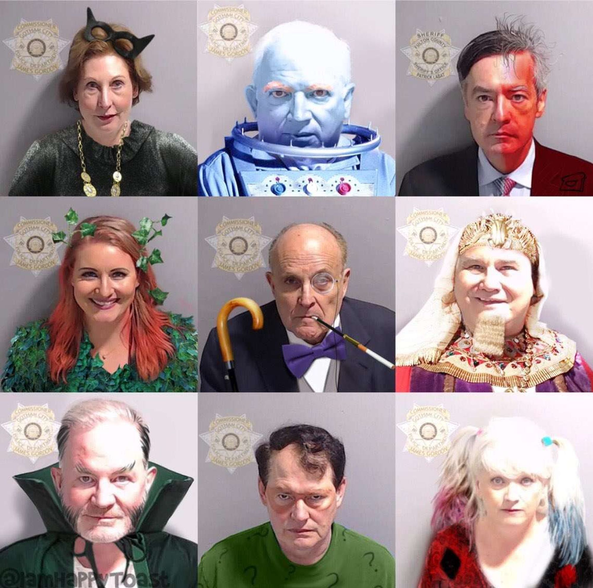 Mug shots of various GOP conspirators who tried to steal the 2020 election, all photoshoped to be Batman Villians. Left to Right: Catwoman, Mr. Freeze, Two-Face, Poison Ivy, The Penguin, King Tut, Ra's al Ghul, The Riddler and Harley Quinn