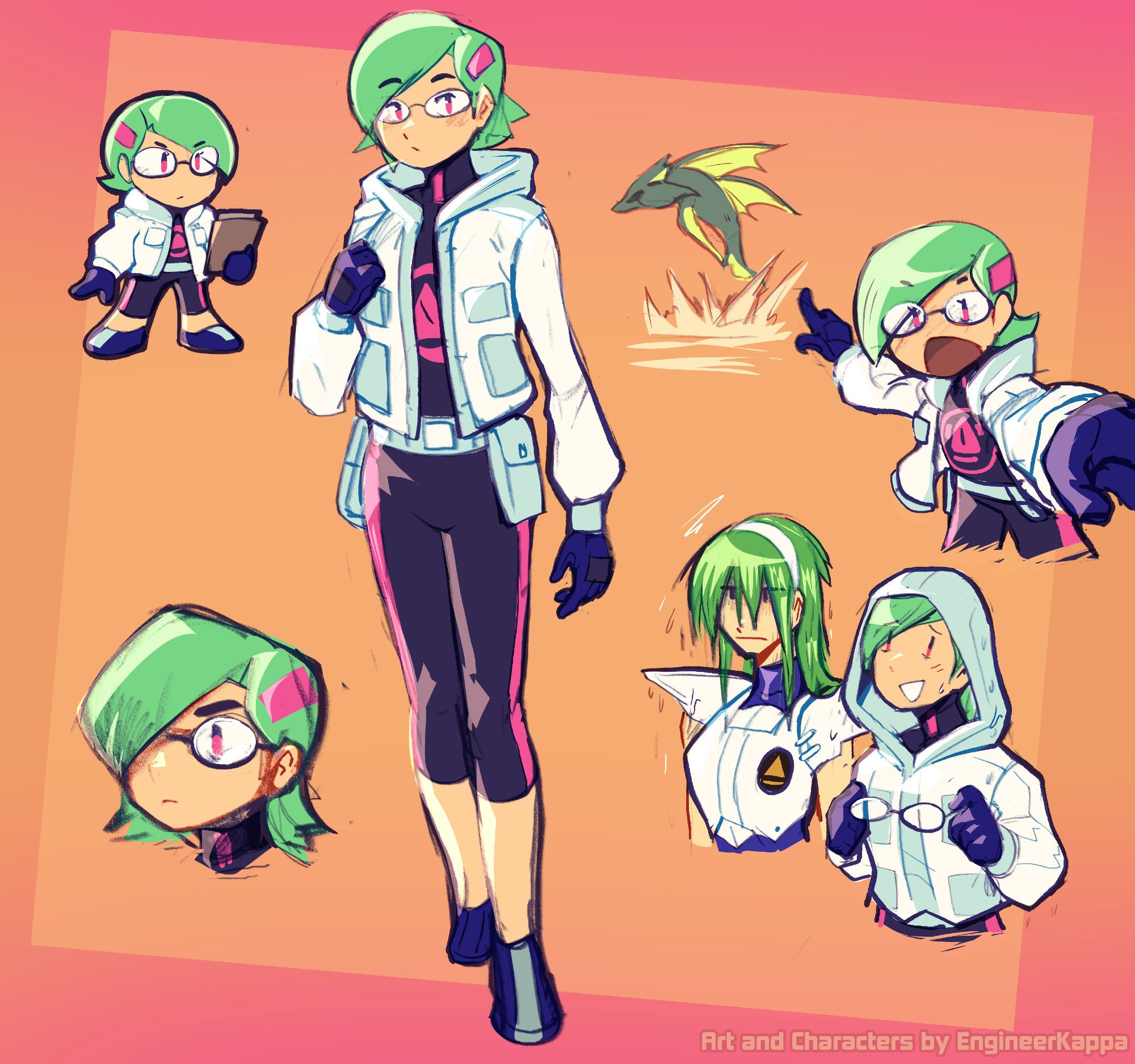 A few drawings of Stella from BUDD. The center image is a full body drawing of her with a neutral expression, the top left drawing is a chibi version of her with in-game proportions, the bottom left drawing is a closer head shot. The top right drawing is Stella eagerly pointing at a giant alien fish splashing in the distance, the bottom right drawing is Eris and Stella after getting splashed on. Stella had her hood ready and Eris didn't.