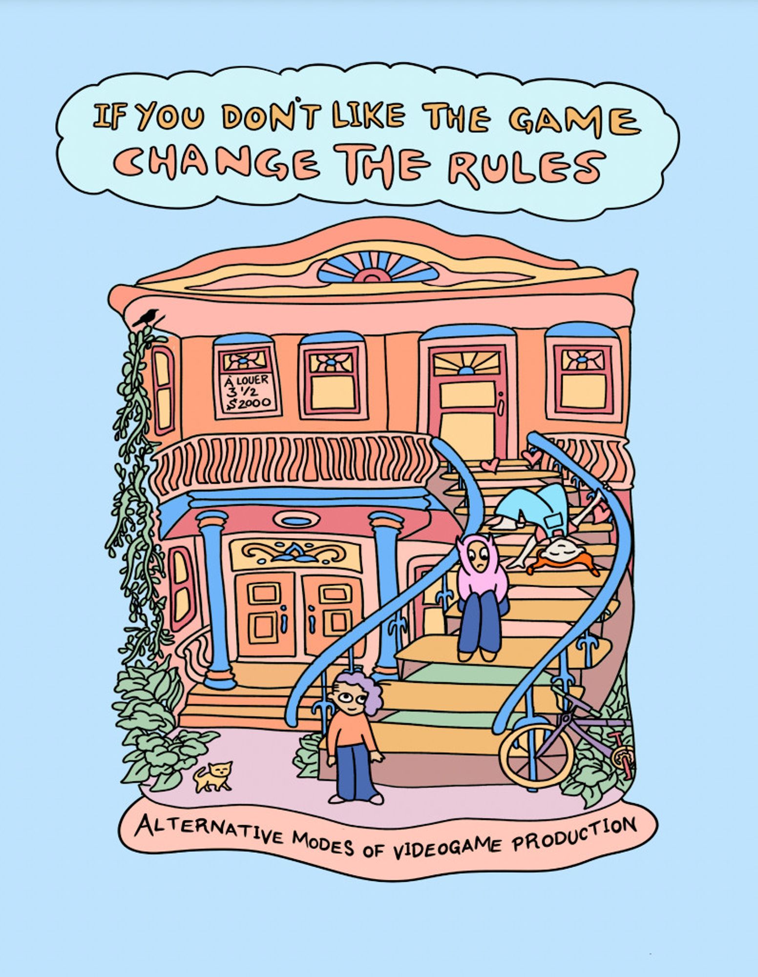 A title page for a white paper that reads "if you don't like the game, change the rules: alternative modes of videogame production". The main illustration depicts three people sitting on a stairway in front of a two story building.