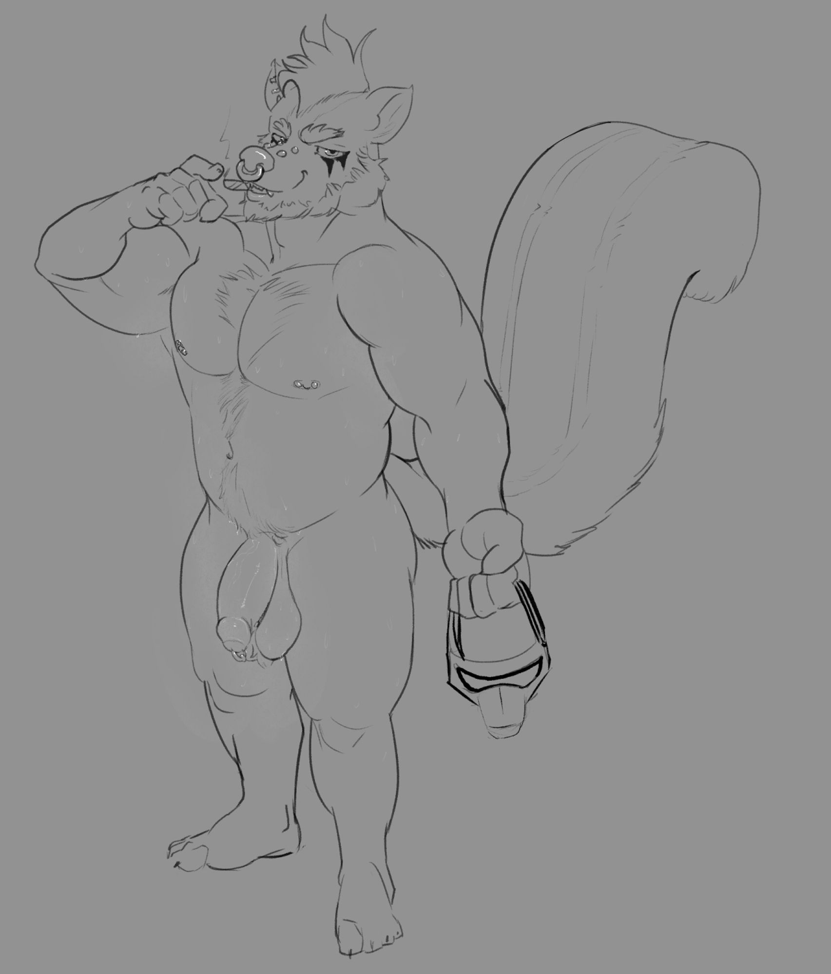 A large, sweaty, masculine skunk with a stocky build stands naked, smoking a cigarette , looking at the viewer and offering them a gas mask. 