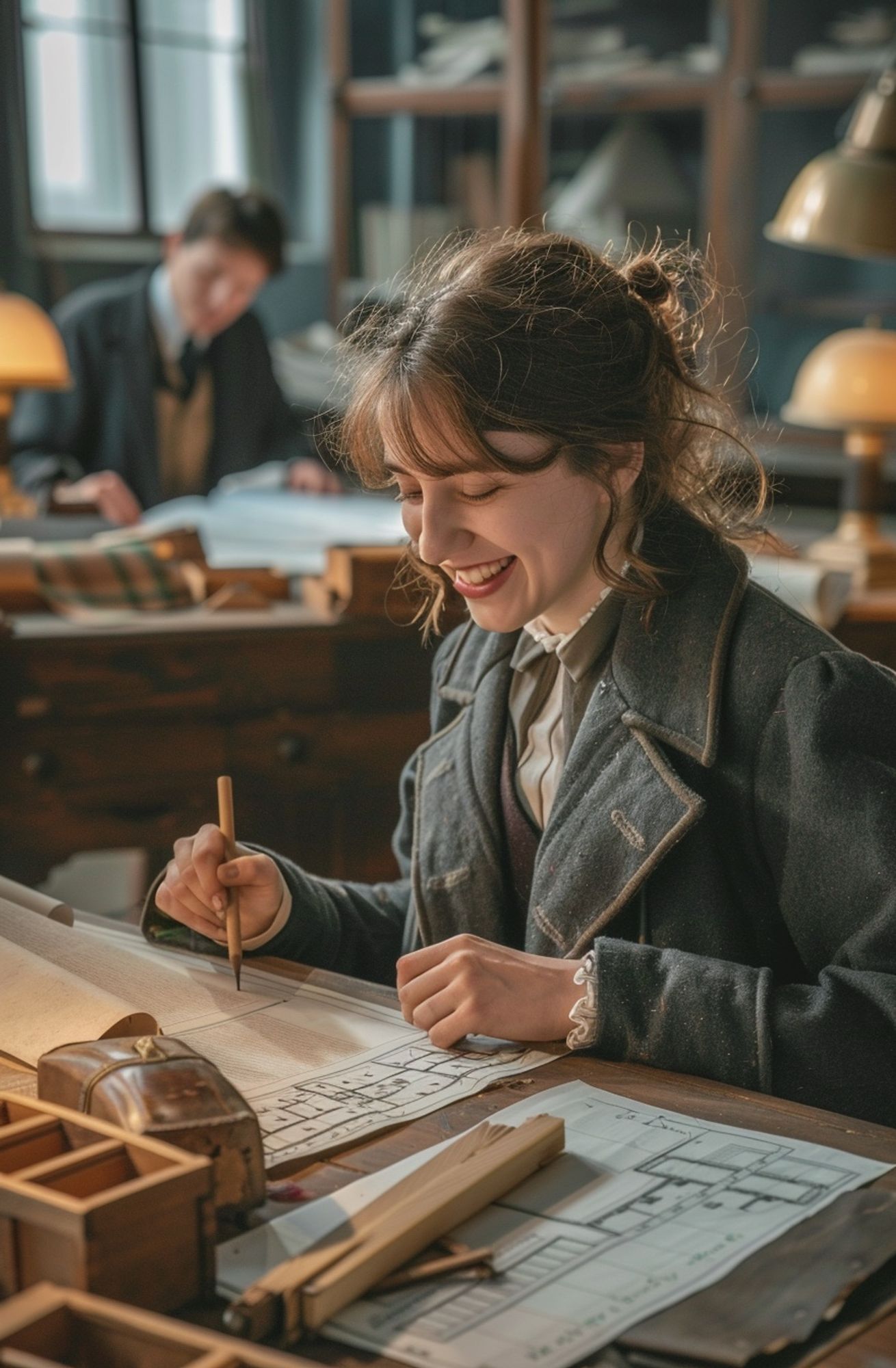 Prompt: A woman in her thirties with brown hair, wearing an old-fashioned coat and holding chalk, is working on construction plans for the school's teaching building. She smiles as she works at a desk with wooden blocks of squares and drawings next to it. Next to them sits another man around their early lamps. The atmosphere feels warm and cozy, as if they were having fun together while also enjoying architecture work. It was shot in the style of Sony Alpha A7 III camera with a macro lens. --ar 21:32