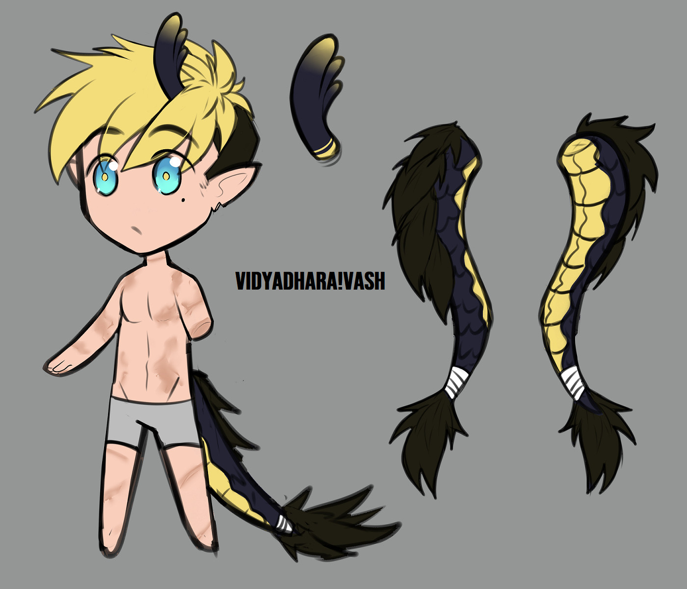 chibi vidyadhara-vash with focus on his three-pronged horn and tail details