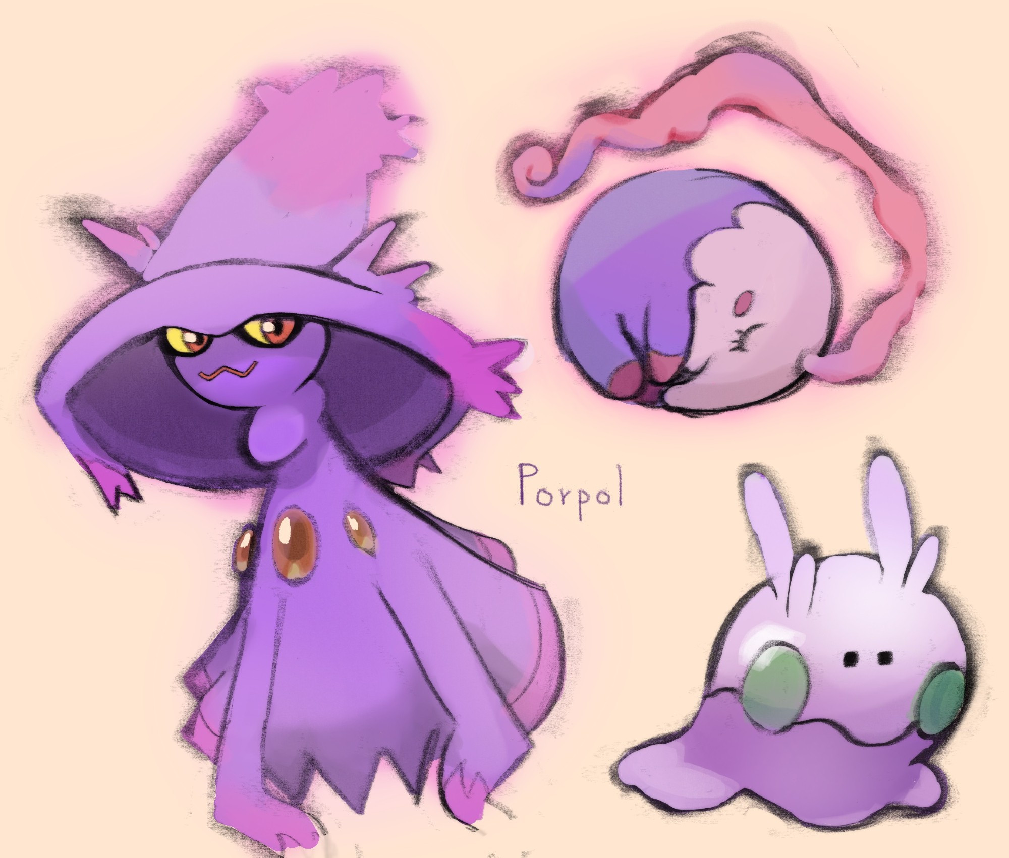 Drawing of the pokémons Mismagius, goomy and musharna