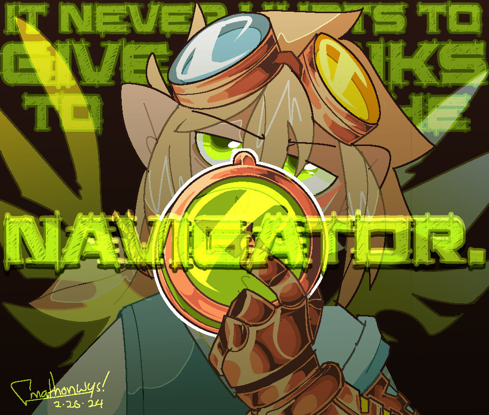 art of Navigator from Twitch SMP. he has spiky blond hair, green eyes, yellow and blue vex wings, and a copper prosthetic arm. he's holding a copper and green recovery compass in front of his face and his eyes are narrowed. in the background is a lyric from Younger by The Mountain Goats: "It never hurts to give thanks to the navigator." the last word is in the foreground overlapping the compass.